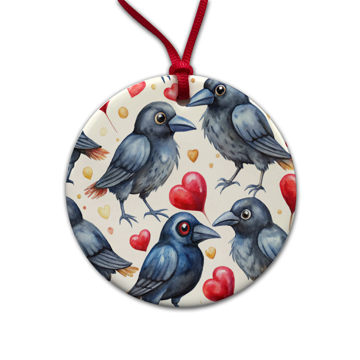 Cute Crows Hearts Watercolor Round Ceramic Holiday Christmas Tree Ornament