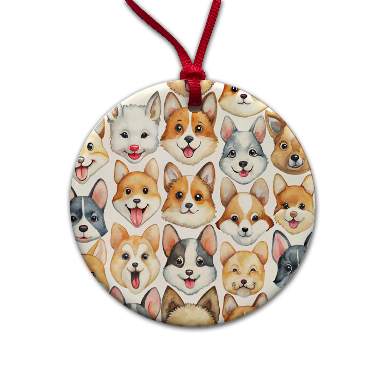 Cute Dog Faces Watercolor Round Ceramic Holiday Christmas Tree Ornament