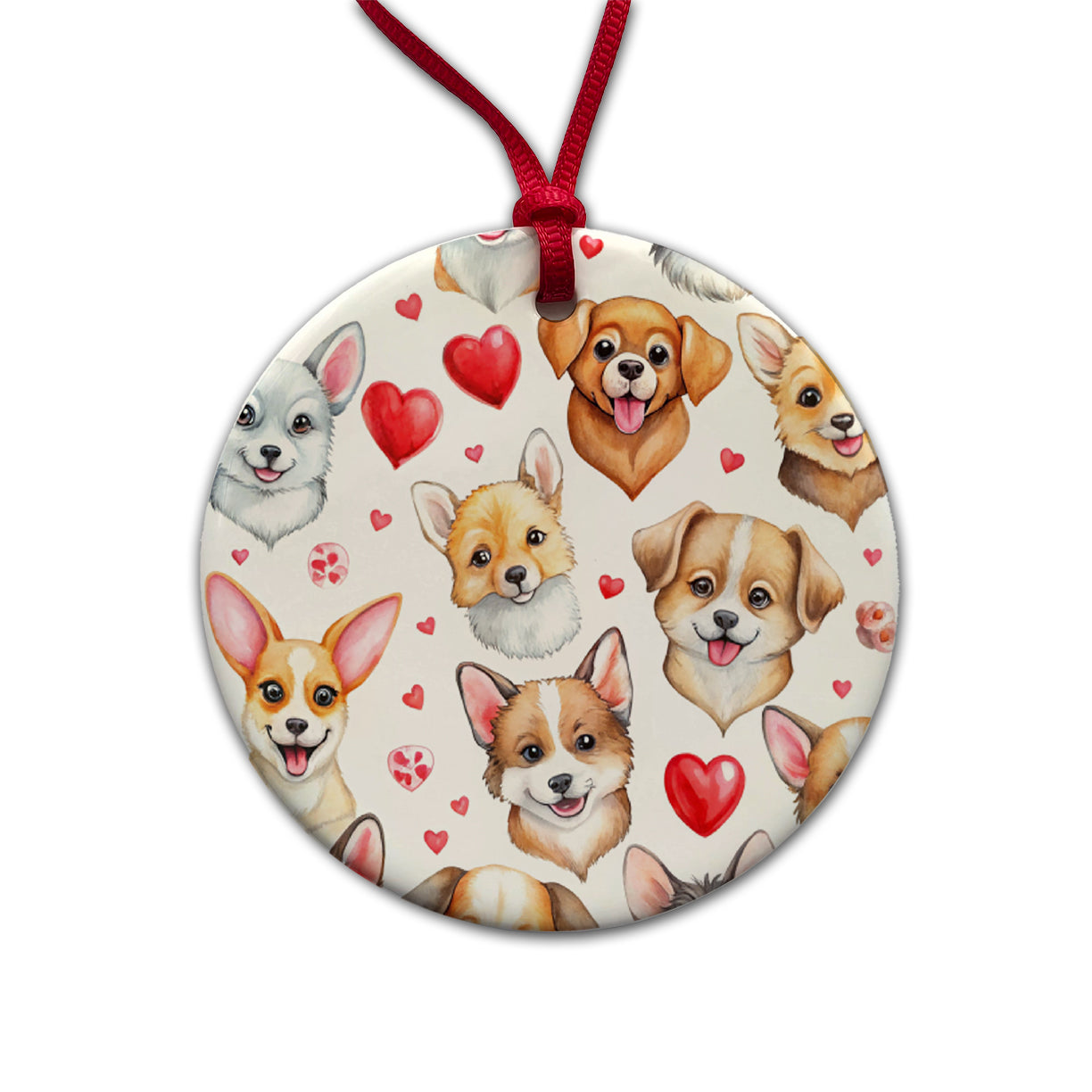 Cute Dogs Hearts Watercolor Round Ceramic Holiday Christmas Tree Ornament