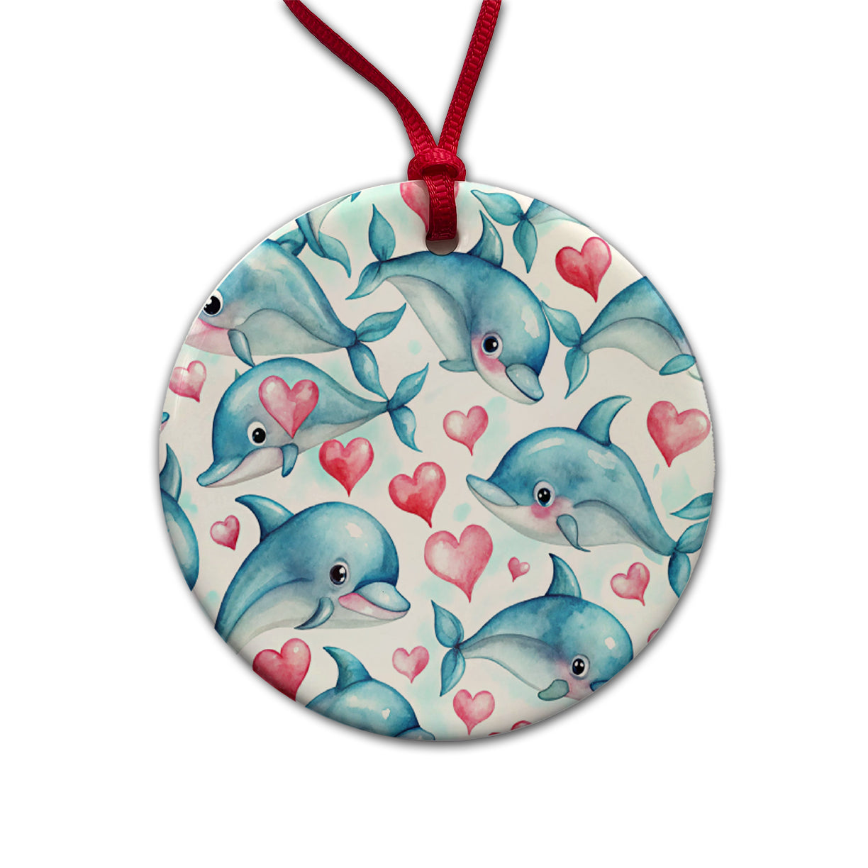 Cute Dolphin Faces Hearts Round Ceramic Holiday Christmas Tree Ornament