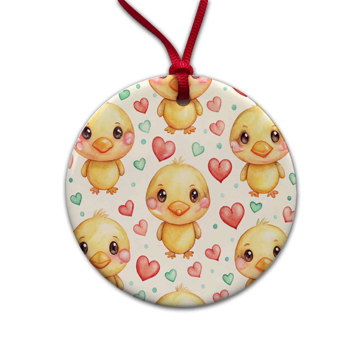 Cute Ducks Hearts Watercolor Round Ceramic Holiday Christmas Tree Ornament