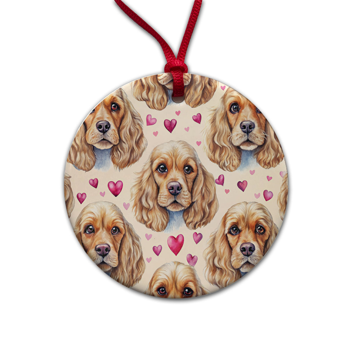 Cute English Cocker Spaniel Dog Faces Round Ceramic Holiday Christmas Tree Ornament