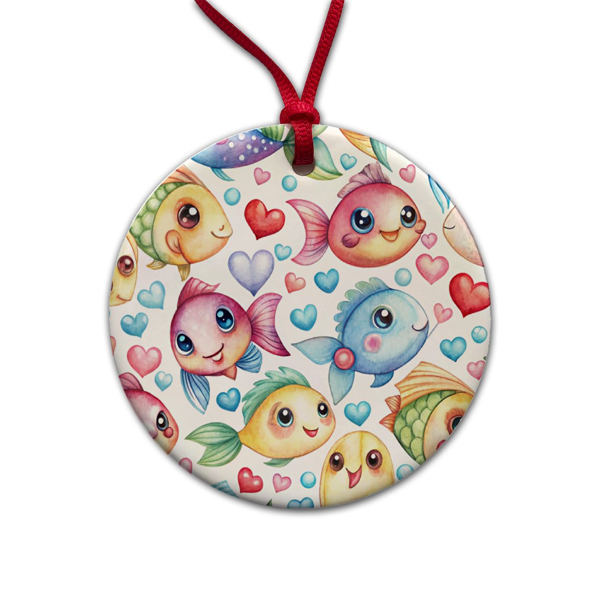 Cute Fish Faces Hearts Watercolor Round Ceramic Holiday Christmas Tree Ornament