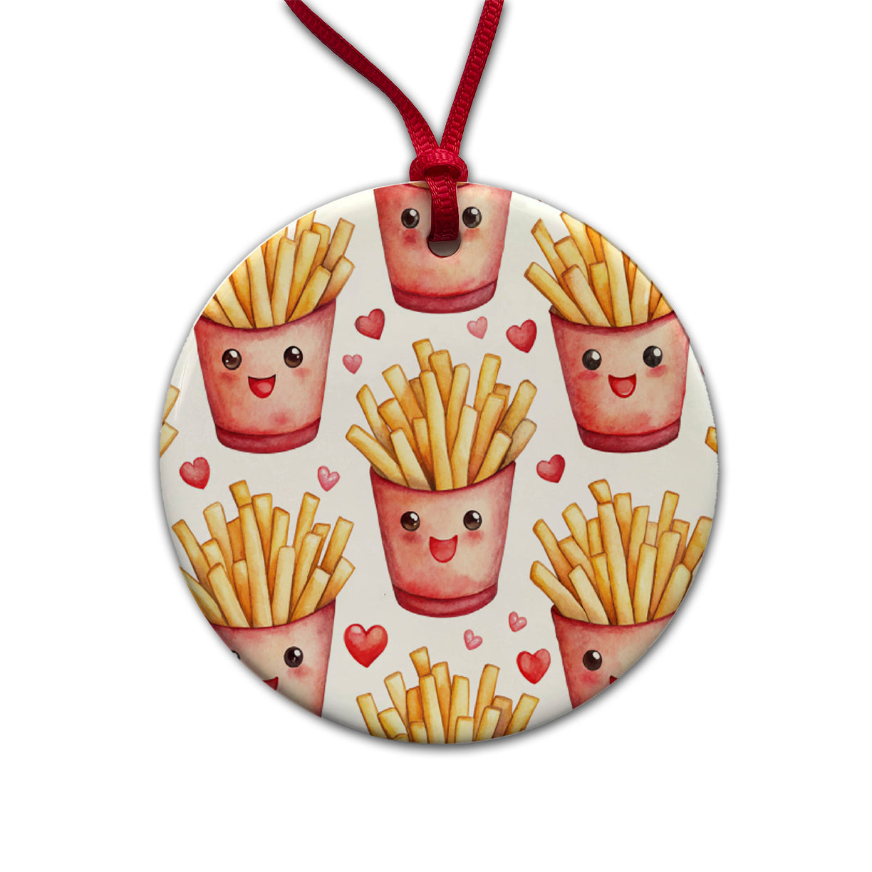 Cute French Fries Hearts Watercolor Round Ceramic Holiday Christmas Tree Ornament