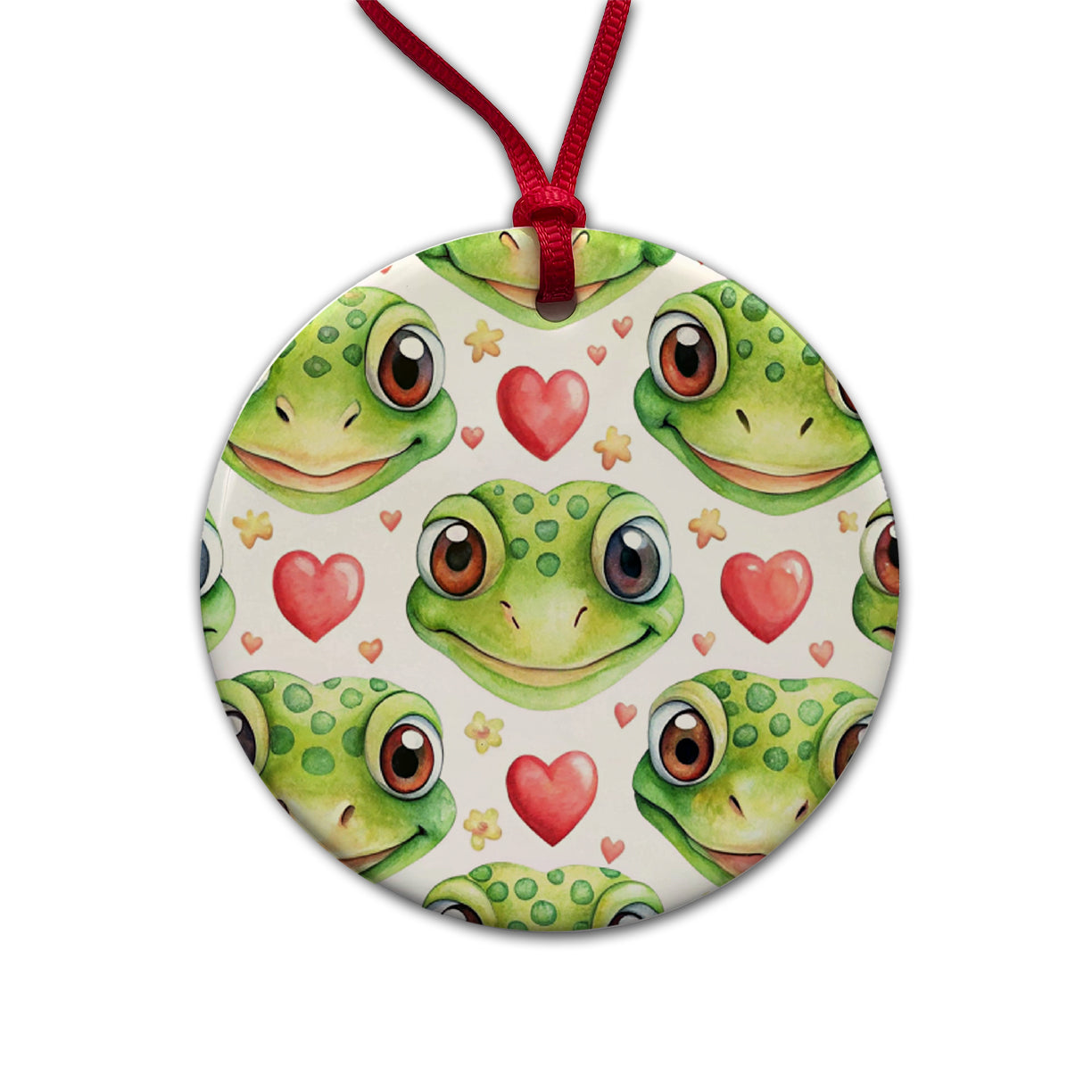 Cute Gecko Faces Hearts Watercolor Round Ceramic Holiday Christmas Tree Ornament