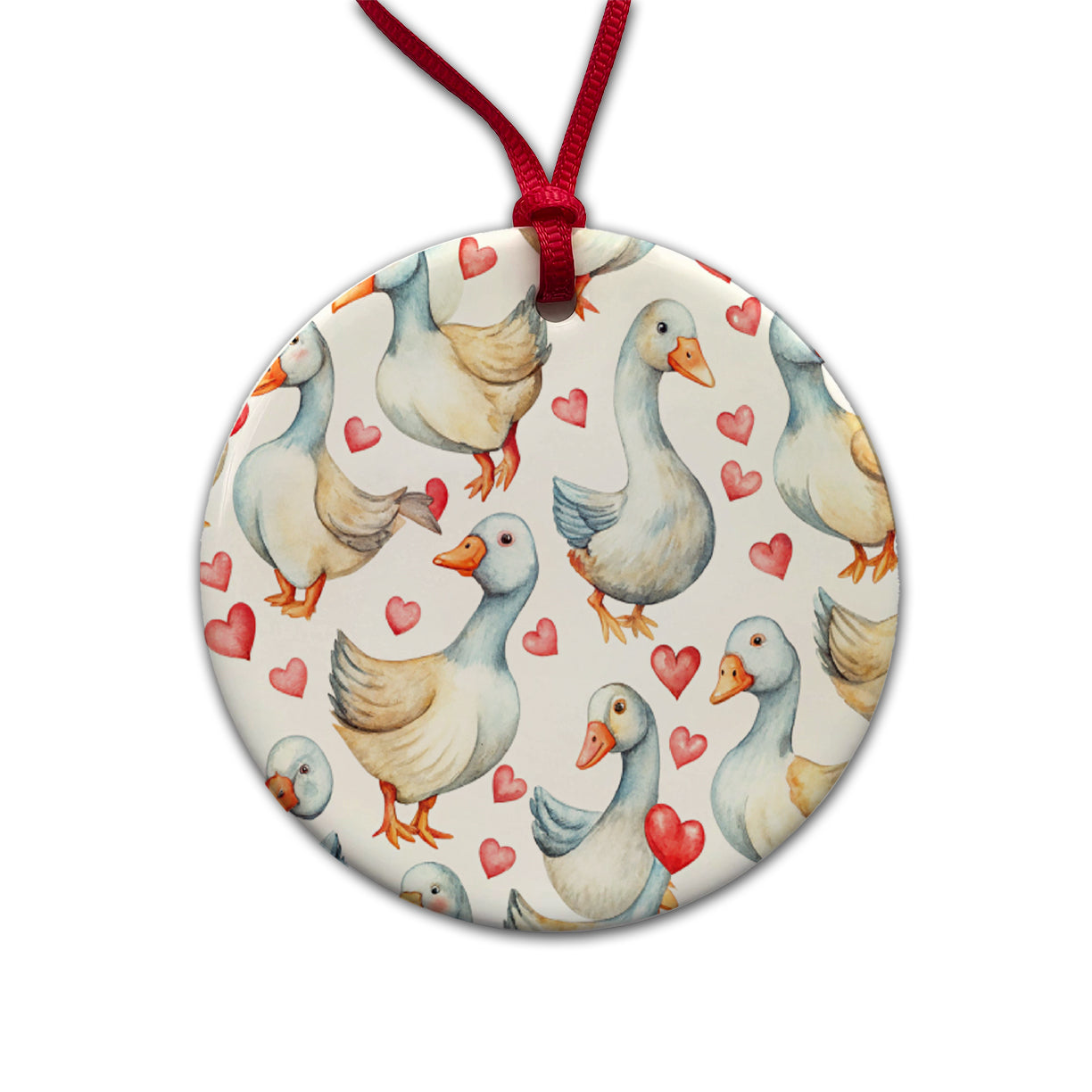 Cute Geese Hearts Watercolor Round Ceramic Holiday Christmas Tree Ornament