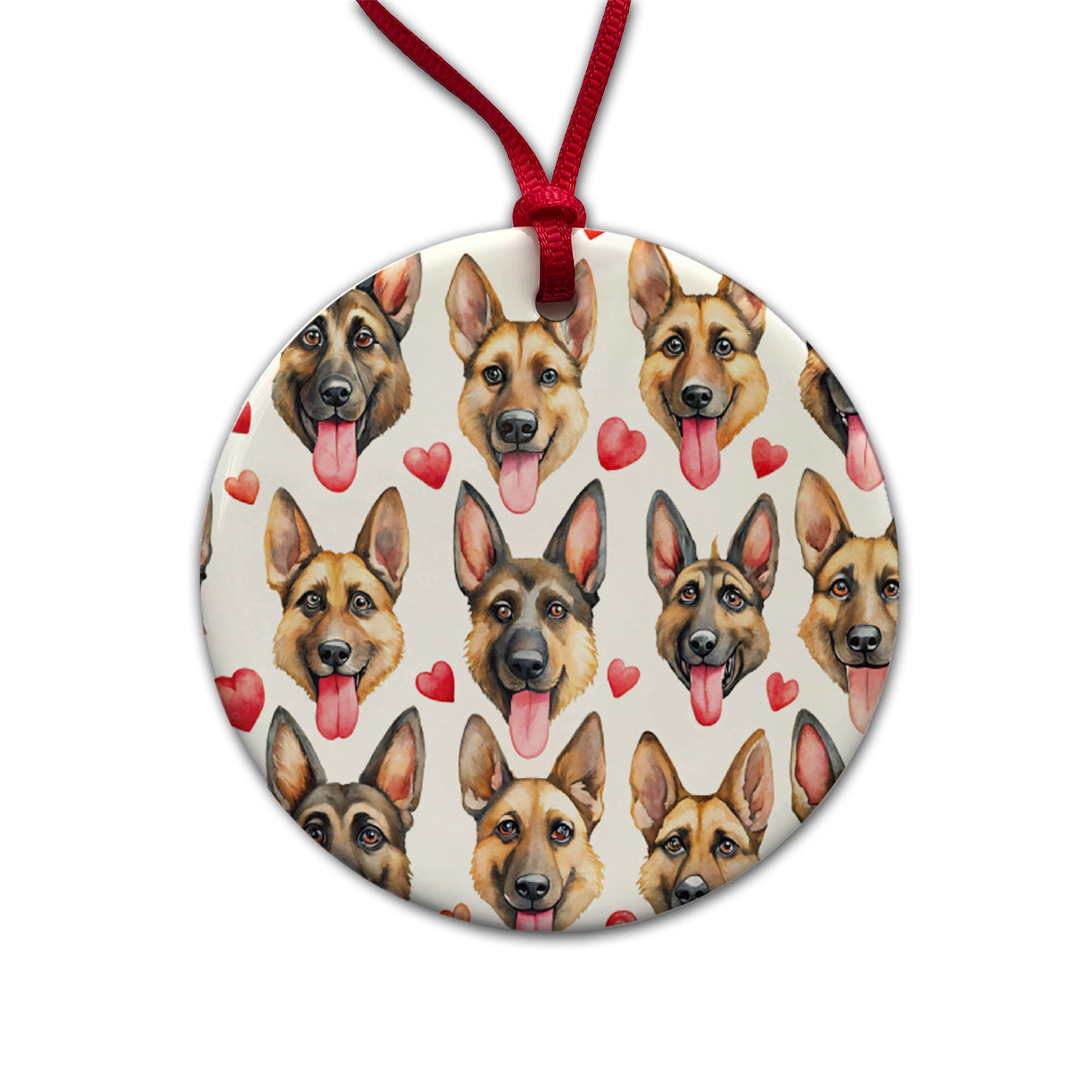 Cute German Shepherd Dog Faces Hearts Round Ceramic Holiday Christmas Tree Ornament