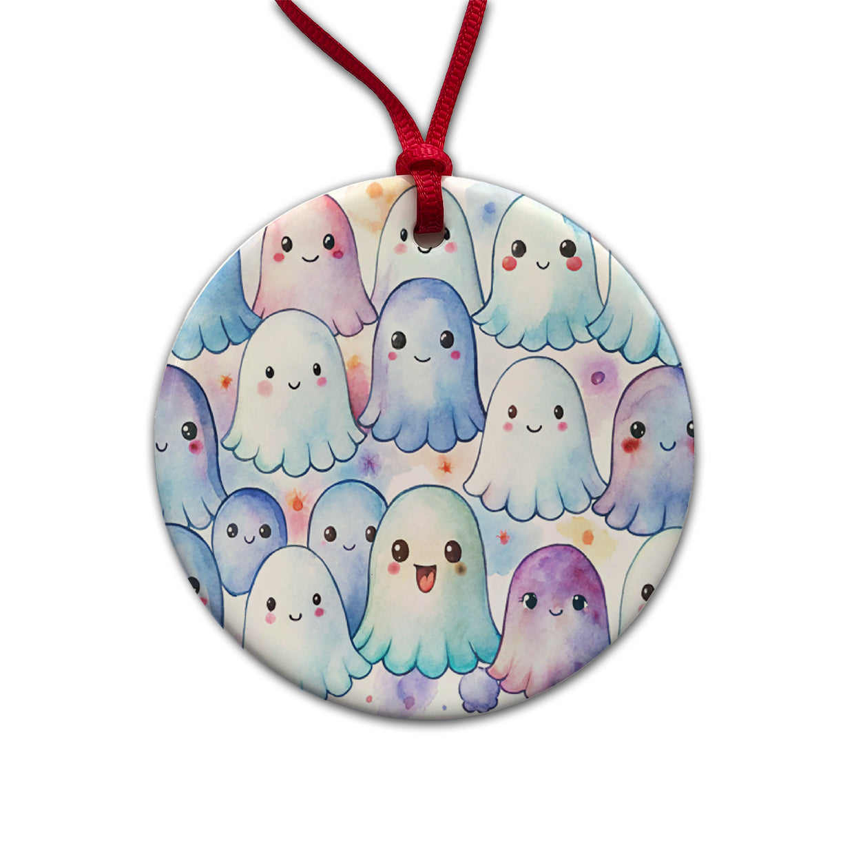 Cute Ghosts Watercolor Round Ceramic Holiday Christmas Tree Ornament