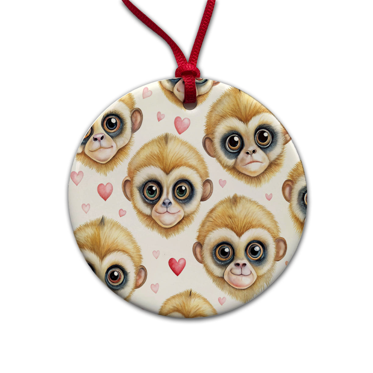 Cute Gibbons Faces Hearts Round Ceramic Holiday Christmas Tree Ornament