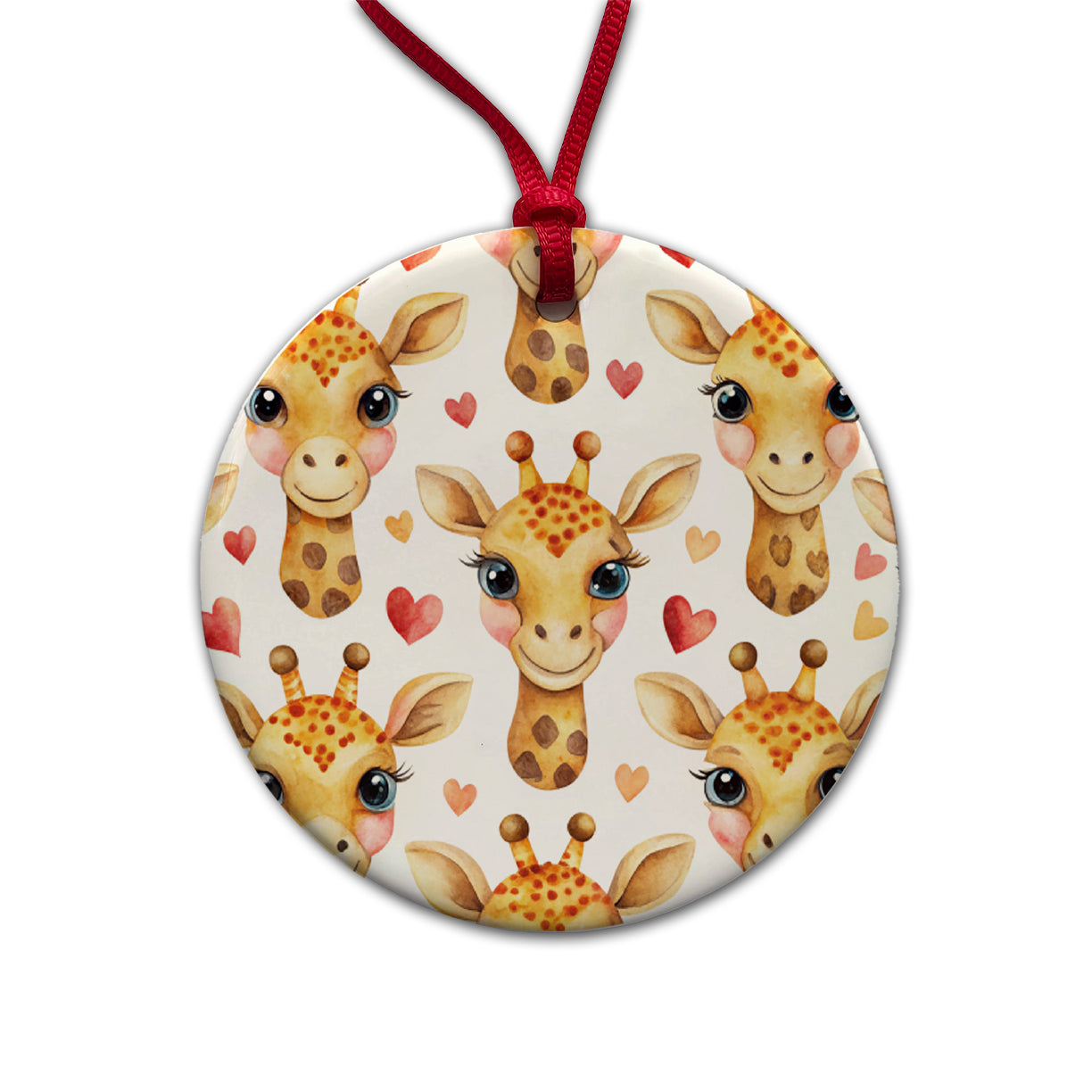Cute Giraffe Faces Hearts Round Ceramic Holiday Christmas Tree Ornament