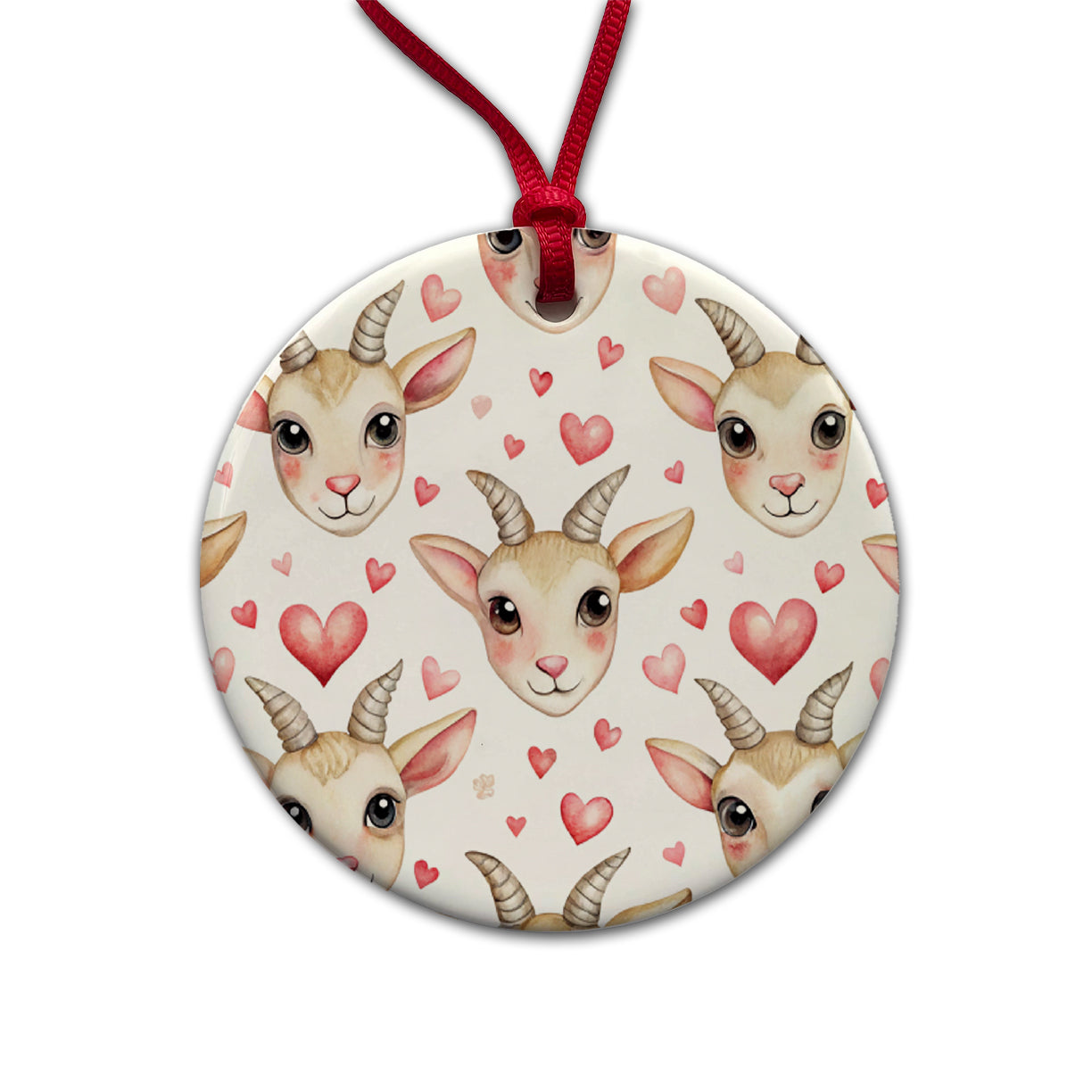 Cute Goat Faces Hearts Watercolor Round Ceramic Holiday Christmas Tree Ornament
