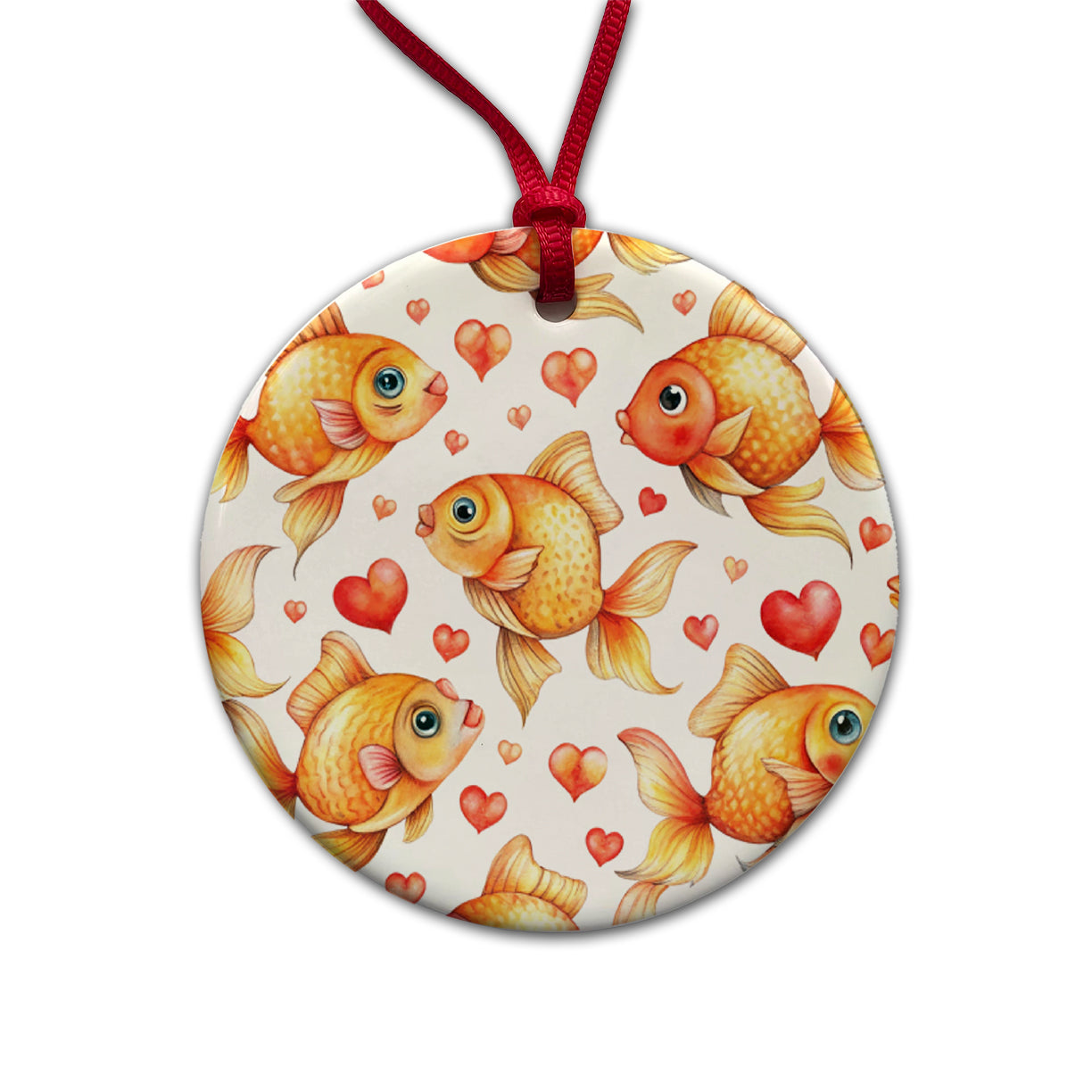 Cute Gold Fish Hearts Watercolor Round Ceramic Holiday Christmas Tree Ornament