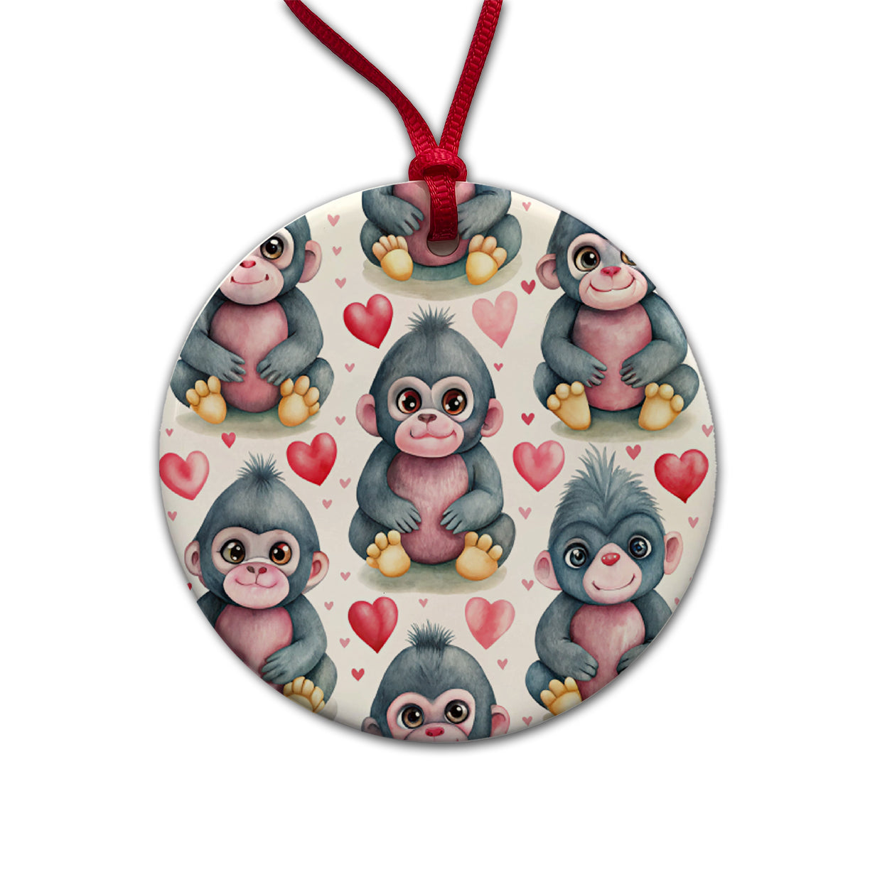 Cute Gorillas Hearts Watercolor Round Ceramic Holiday Christmas Tree Ornament