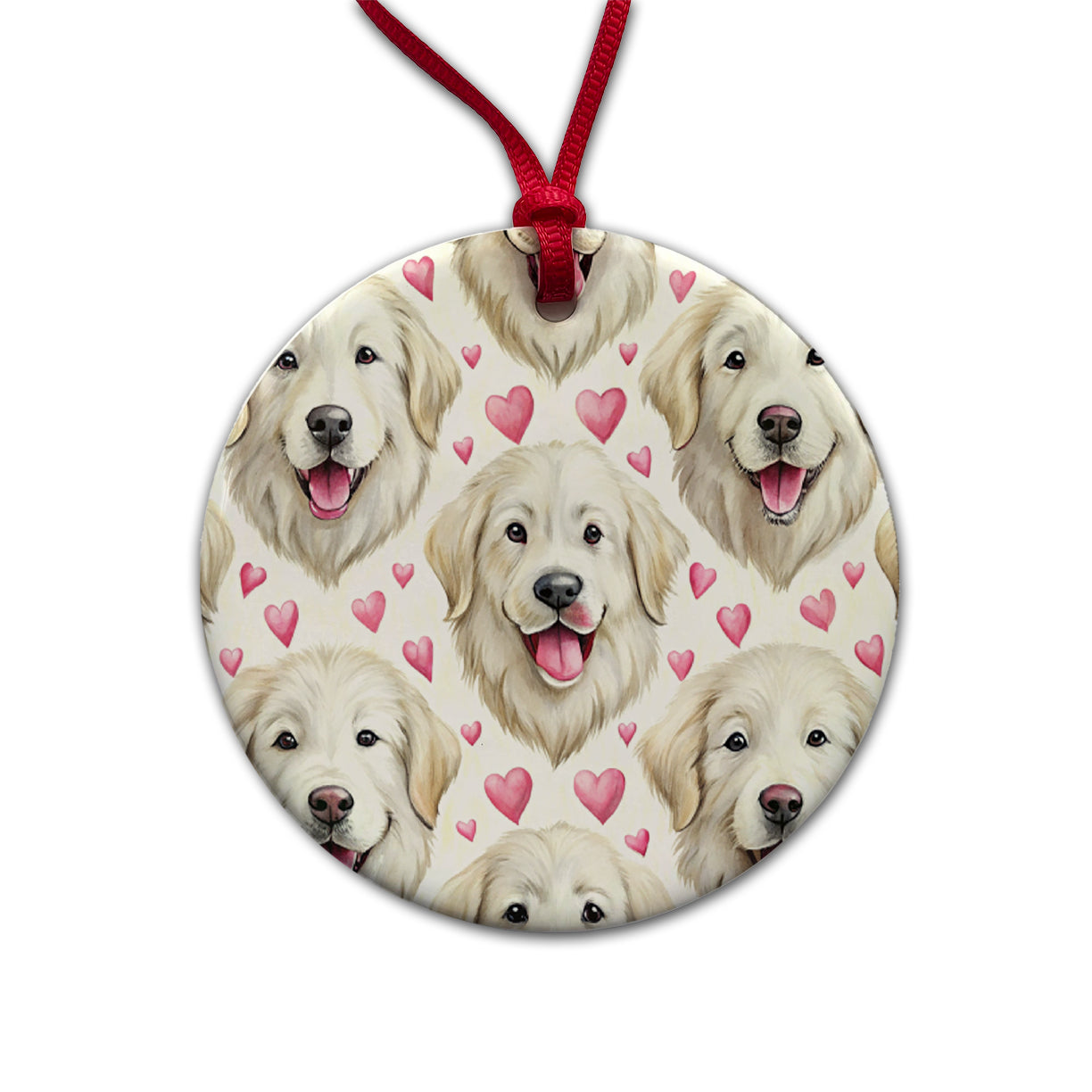 Cute Great Pyrenees Dog Faces Hearts Round Ceramic Holiday Christmas Tree Ornament