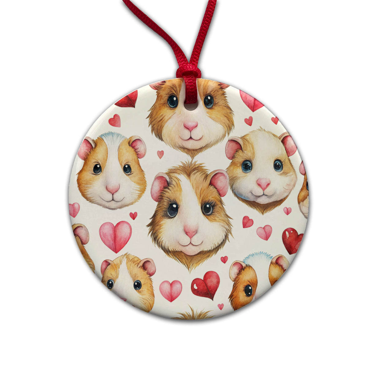 Cute Guinea Pig Faces Hearts Round Ceramic Holiday Christmas Tree Ornament