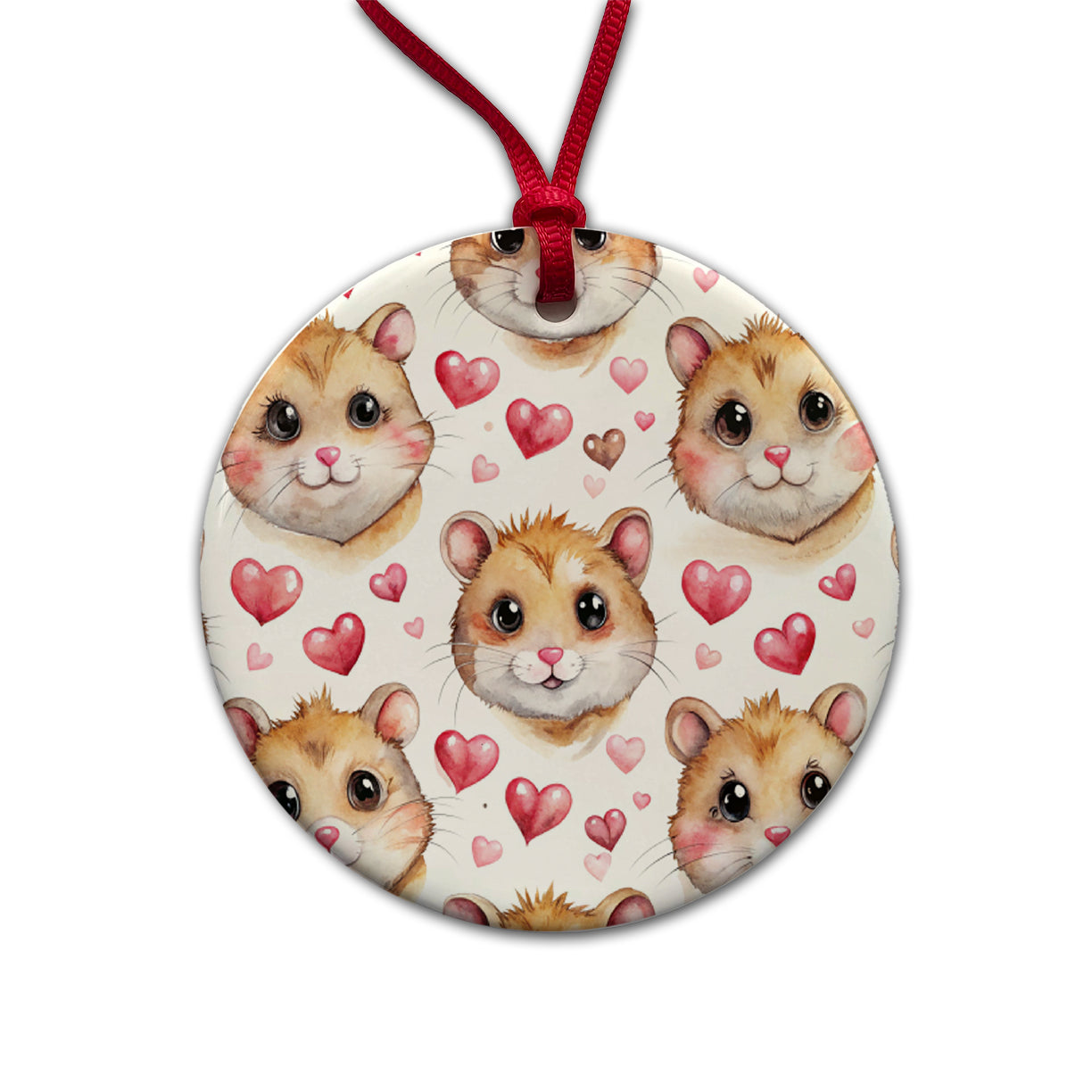 Cute Hamster Faces Hearts Round Ceramic Holiday Christmas Tree Ornament