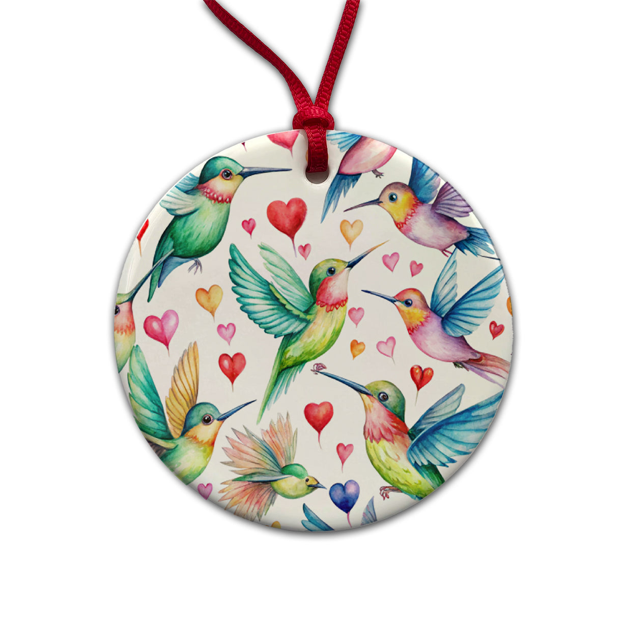 Cute Hummingbirds Hearts Watercolor Round Ceramic Holiday Christmas Tree Ornament
