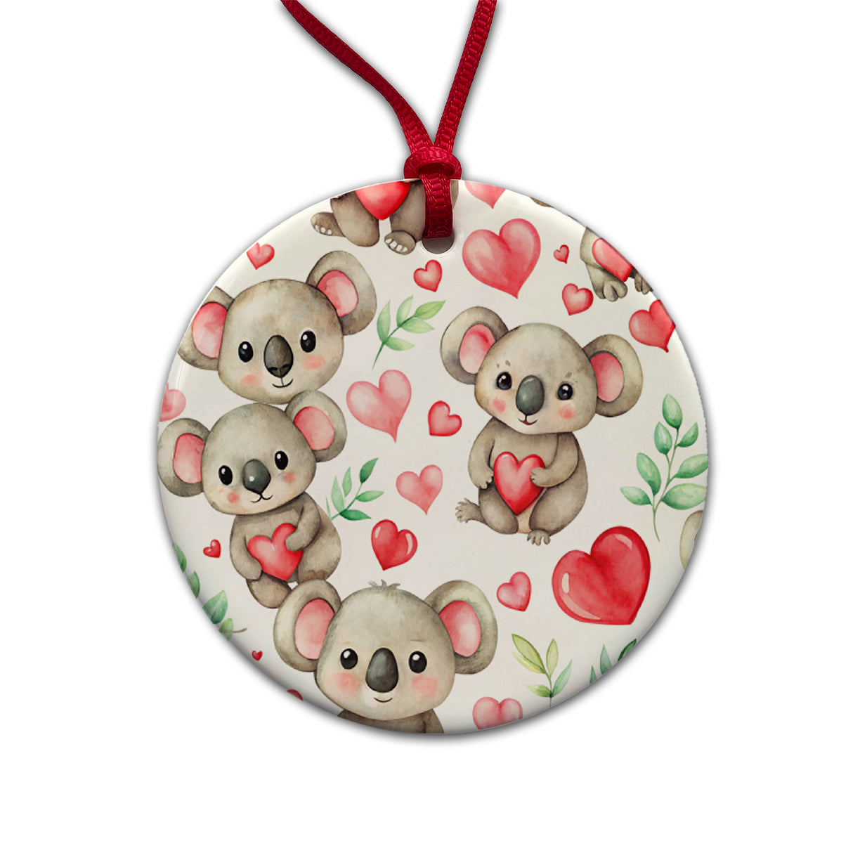 Cute Koala Bears Hearts Watercolor Round Ceramic Holiday Christmas Tree Ornament