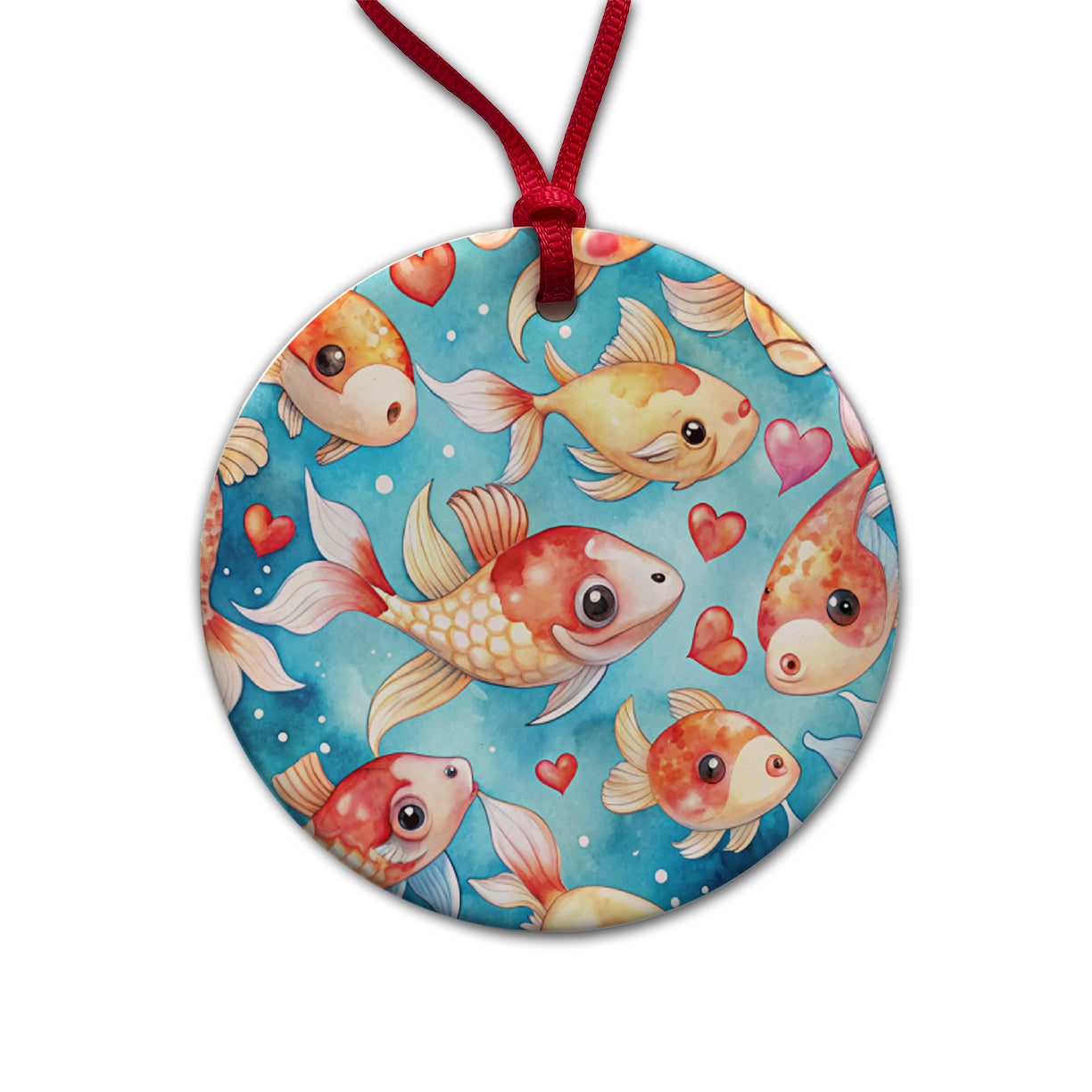 Cute Koi Fishes Hearts Watercolor Round Ceramic Holiday Christmas Tree Ornament