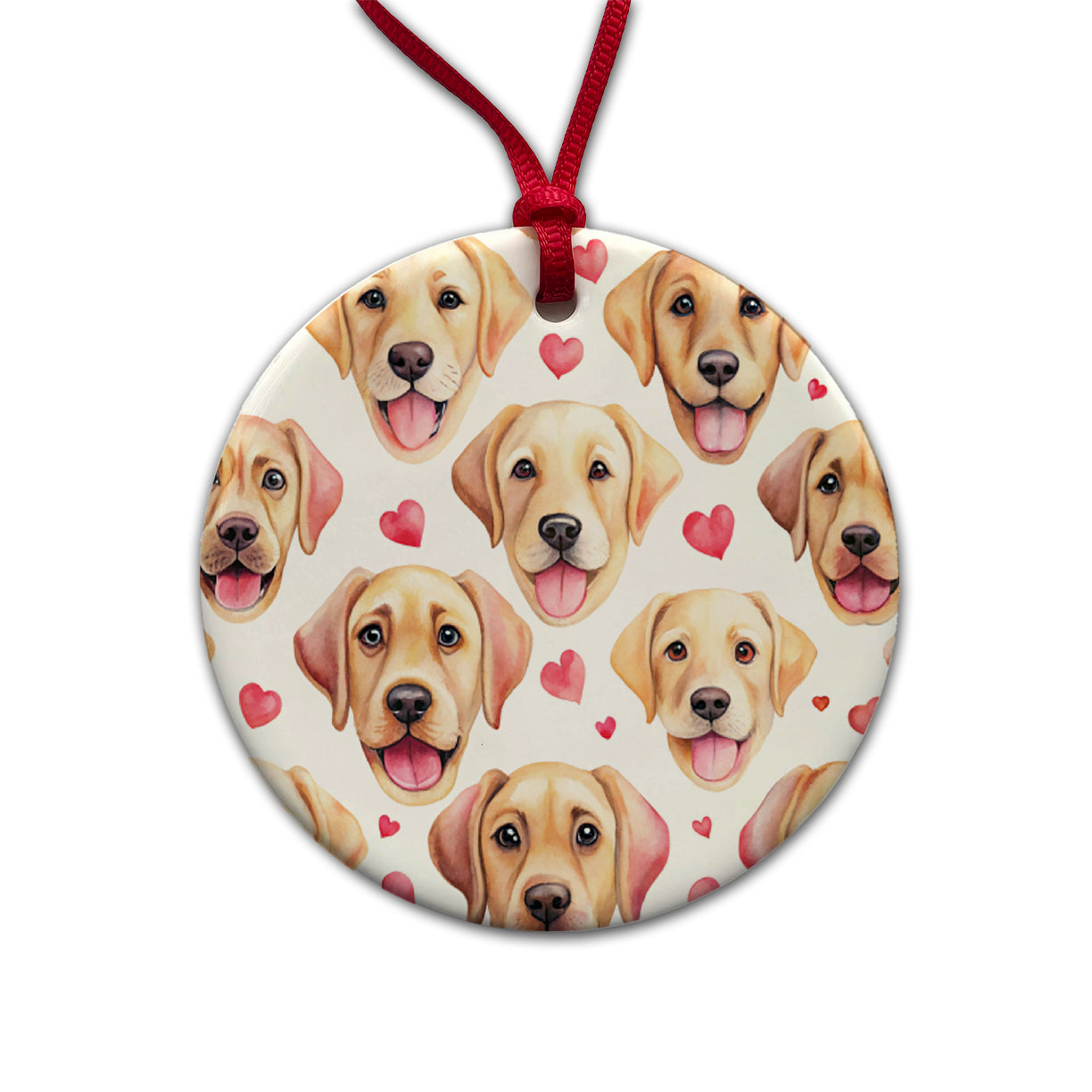 Cute Labrador Retriever Dog Faces Hearts Round Ceramic Holiday Christmas Tree Ornament