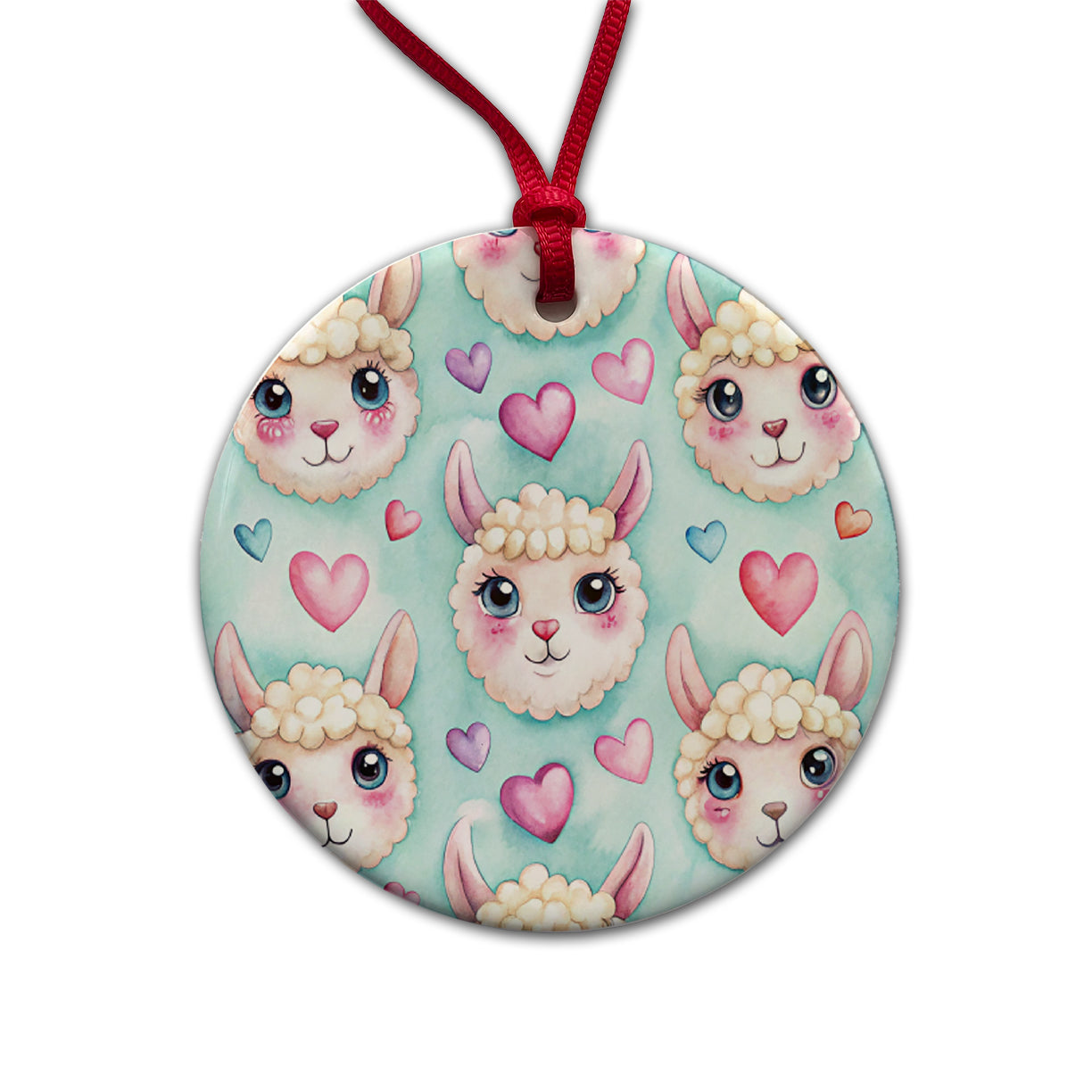 Cute Llama Faces Hearts Watercolor Round Ceramic Holiday Christmas Tree Ornament
