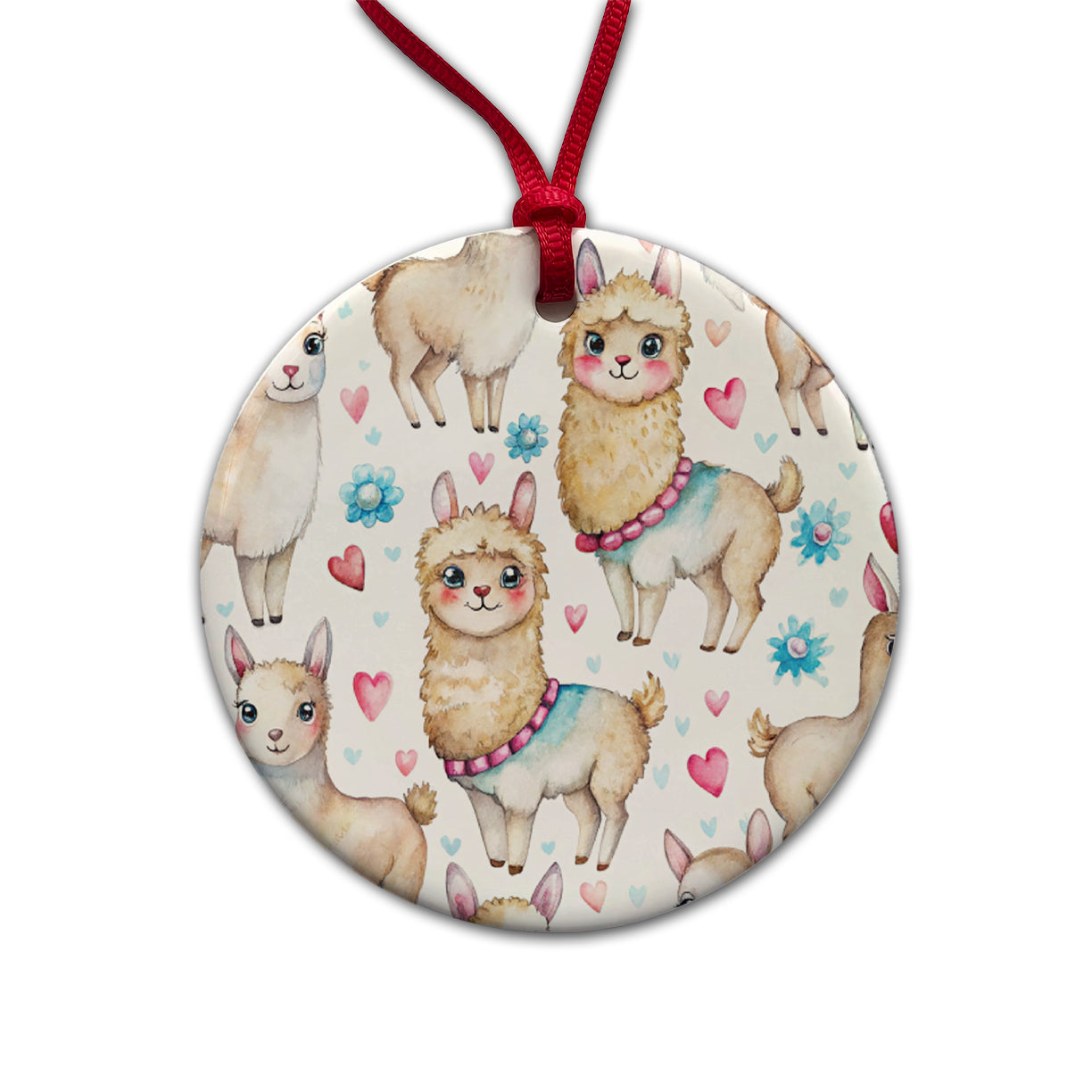 Cute Llamas Hearts Watercolor Round Ceramic Holiday Christmas Tree Ornament