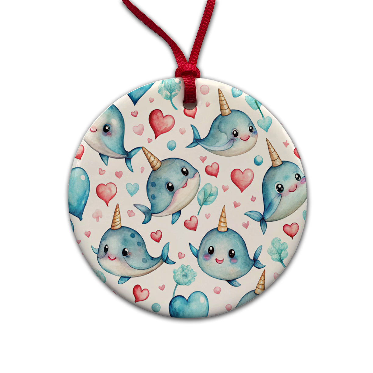 Cute Narwhals Hearts Watercolor Round Ceramic Holiday Christmas Tree Ornament