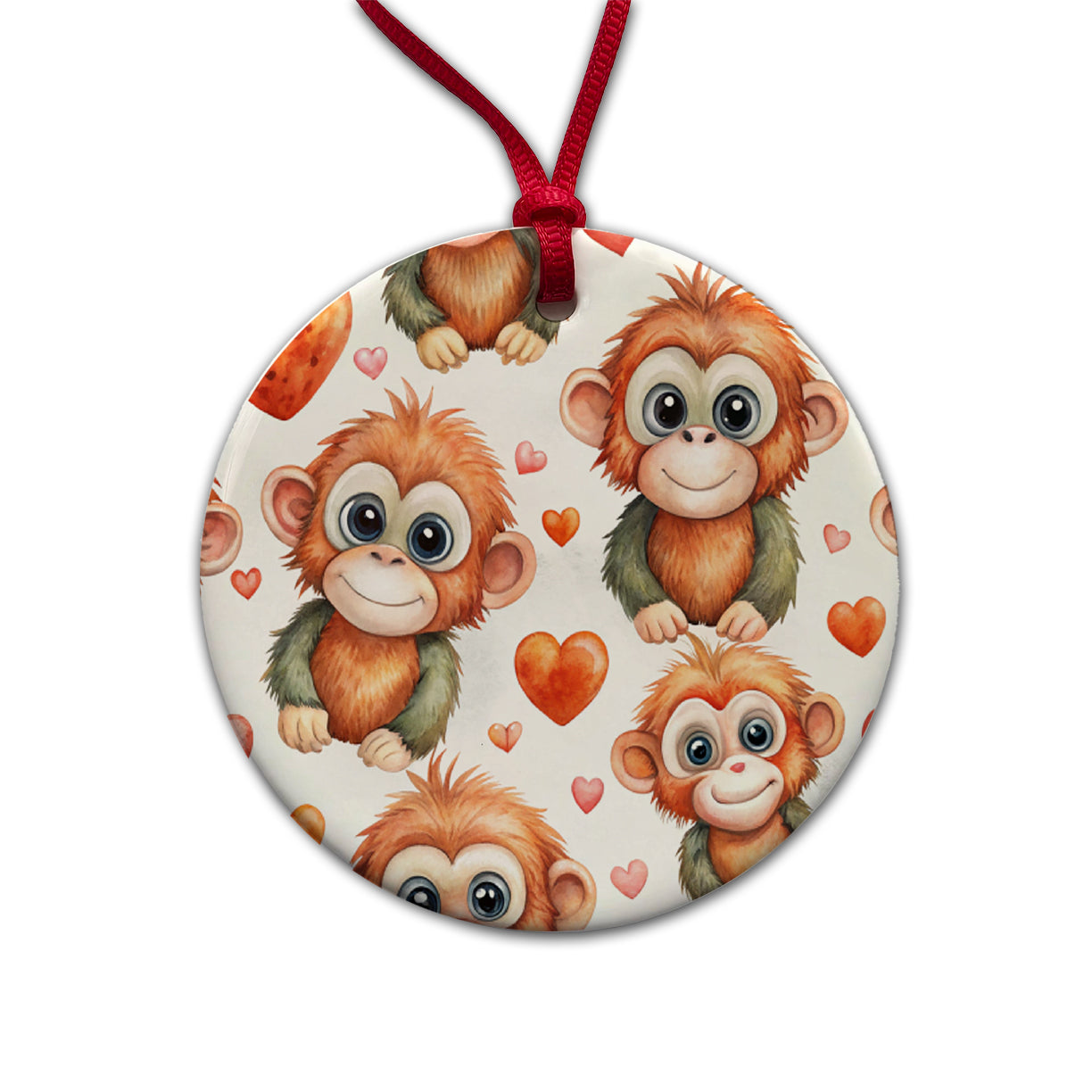 Cute Orangutans Hearts Watercolor Round Ceramic Holiday Christmas Tree Ornament