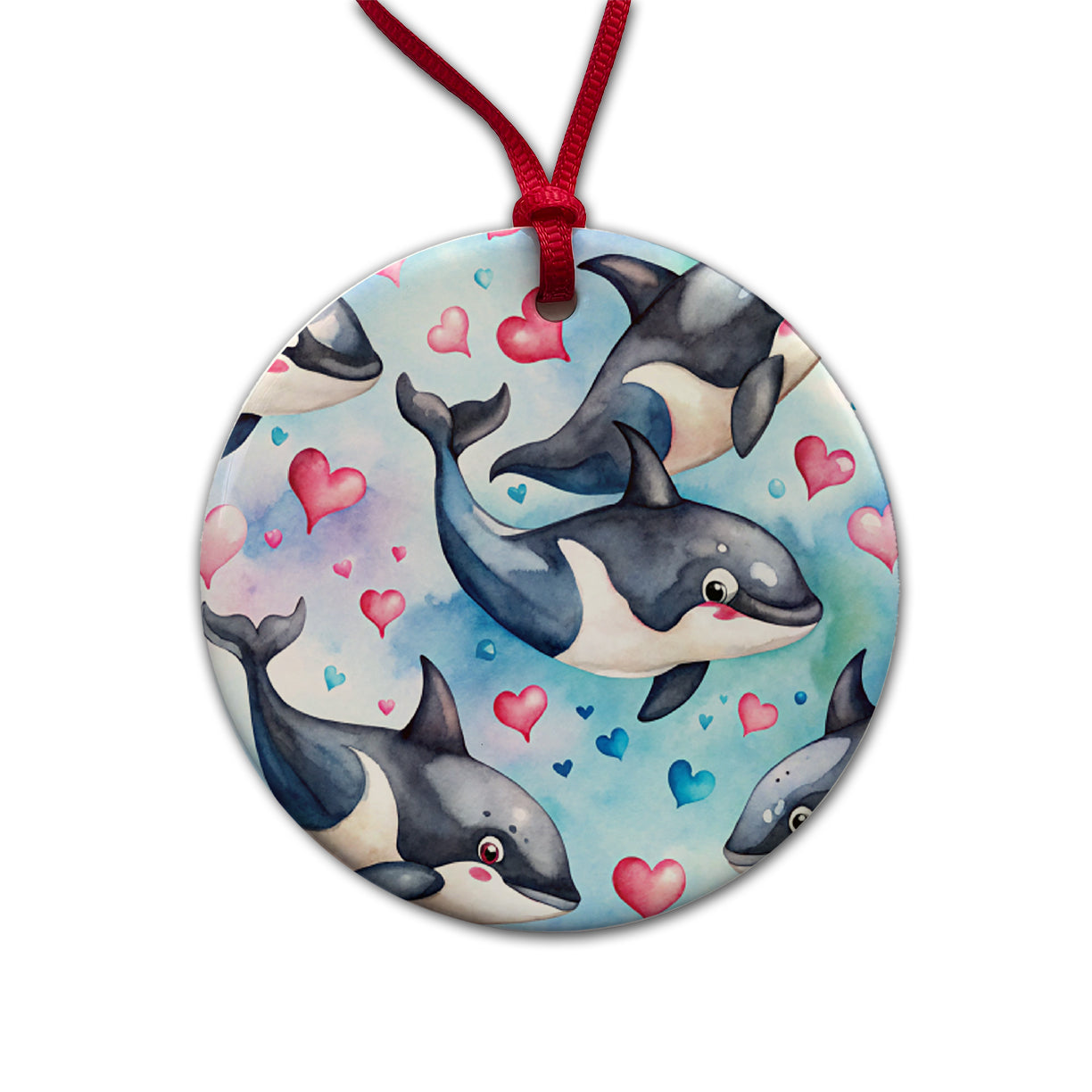 Cute Orcas Whales Hearts Watercolor Round Ceramic Holiday Christmas Tree Ornament