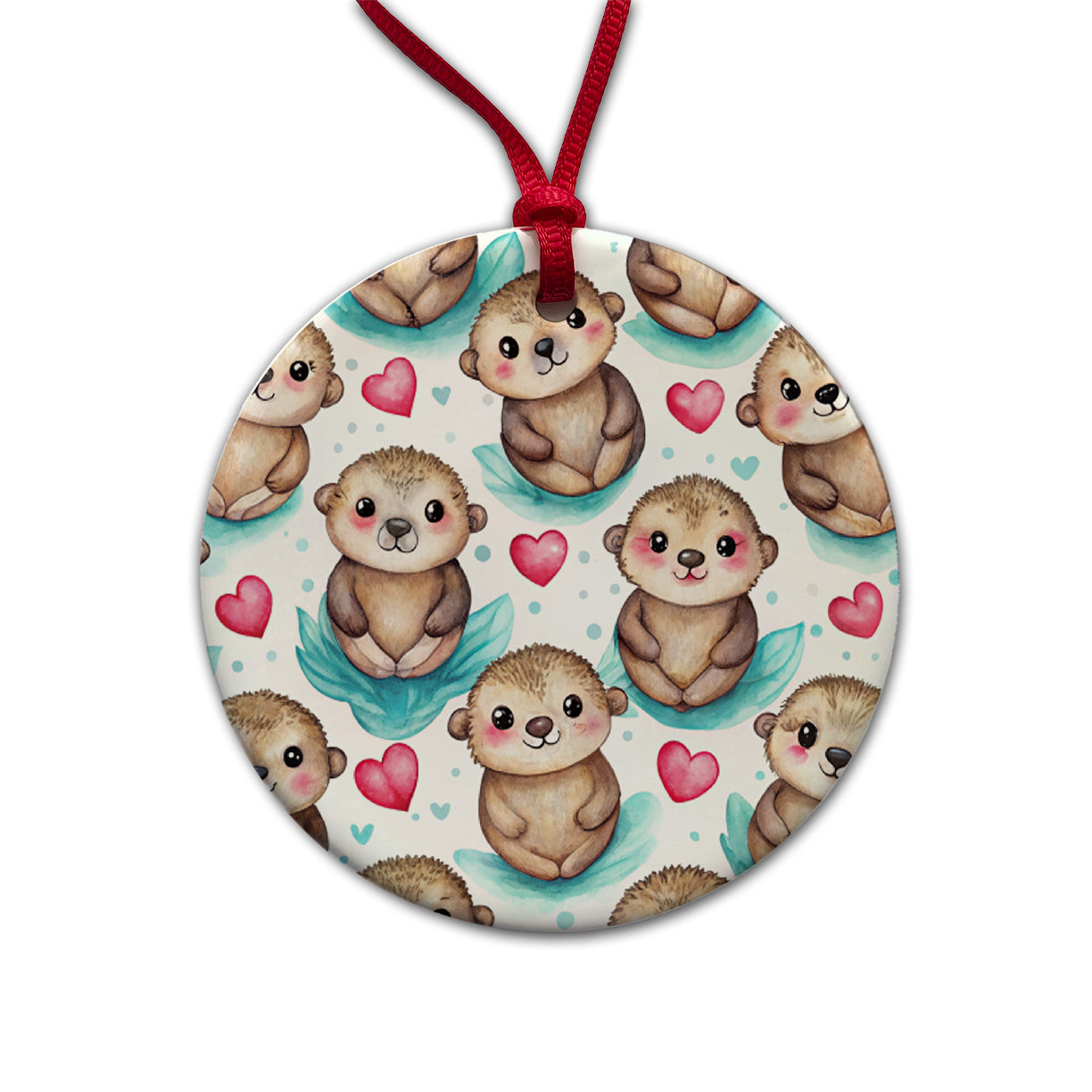 Cute Otters Hearts Watercolor Round Ceramic Holiday Christmas Tree Ornament