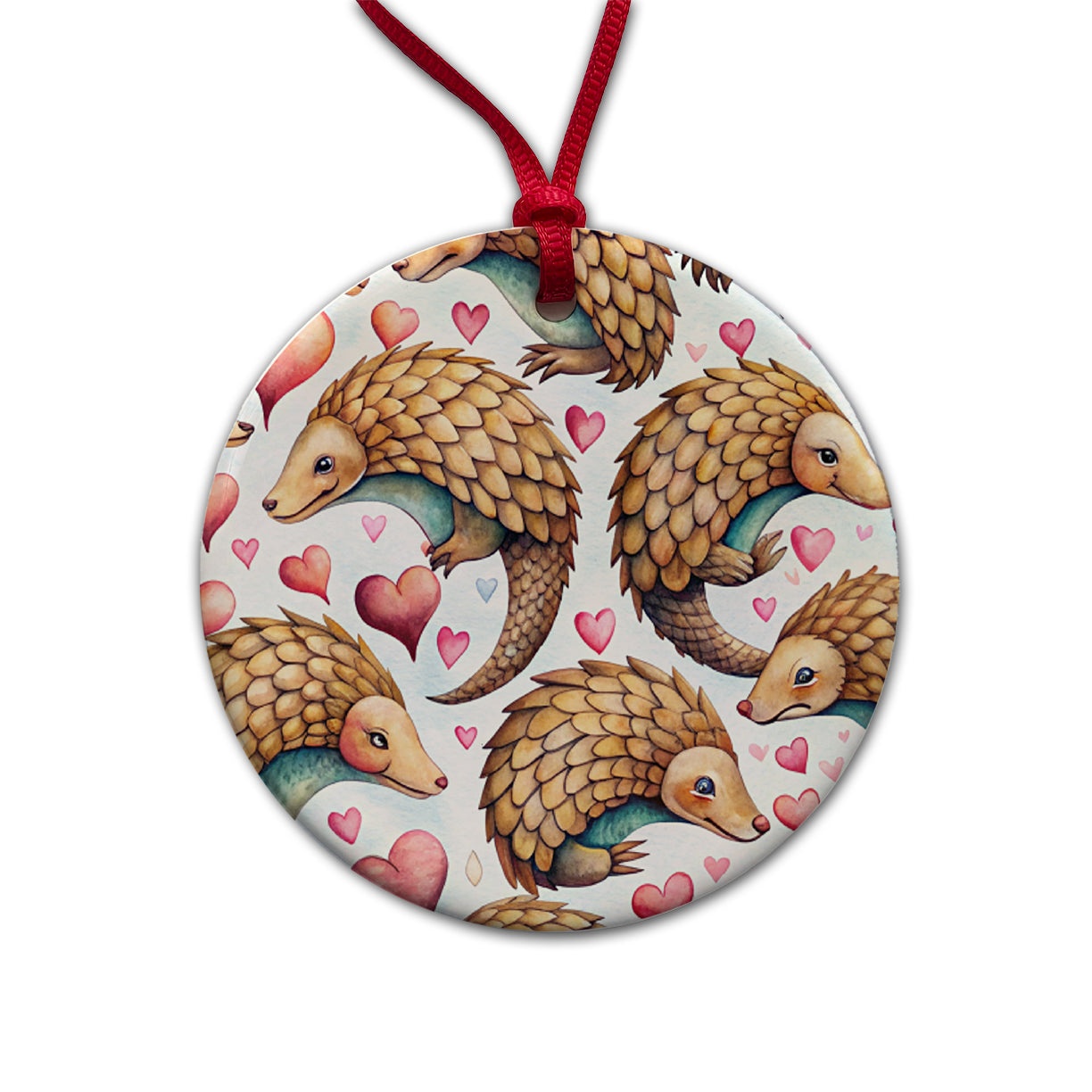 Cute Pangolin Hearts Watercolor Round Ceramic Holiday Christmas Tree Ornament