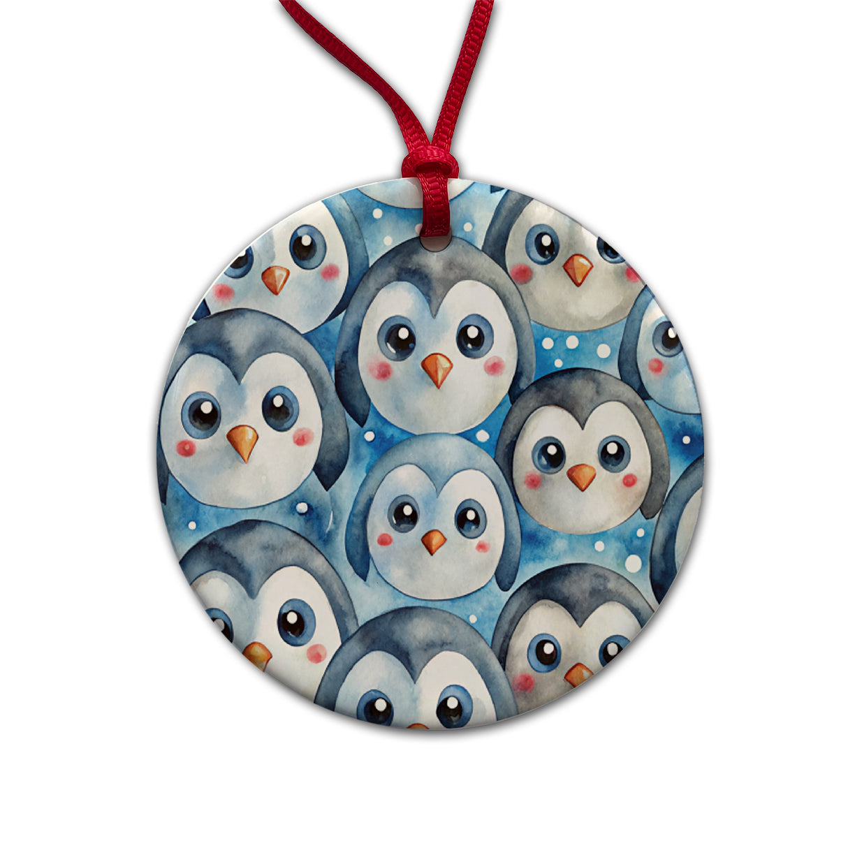 Cute Penguin Faces Watercolor Round Ceramic Holiday Christmas Tree Ornament