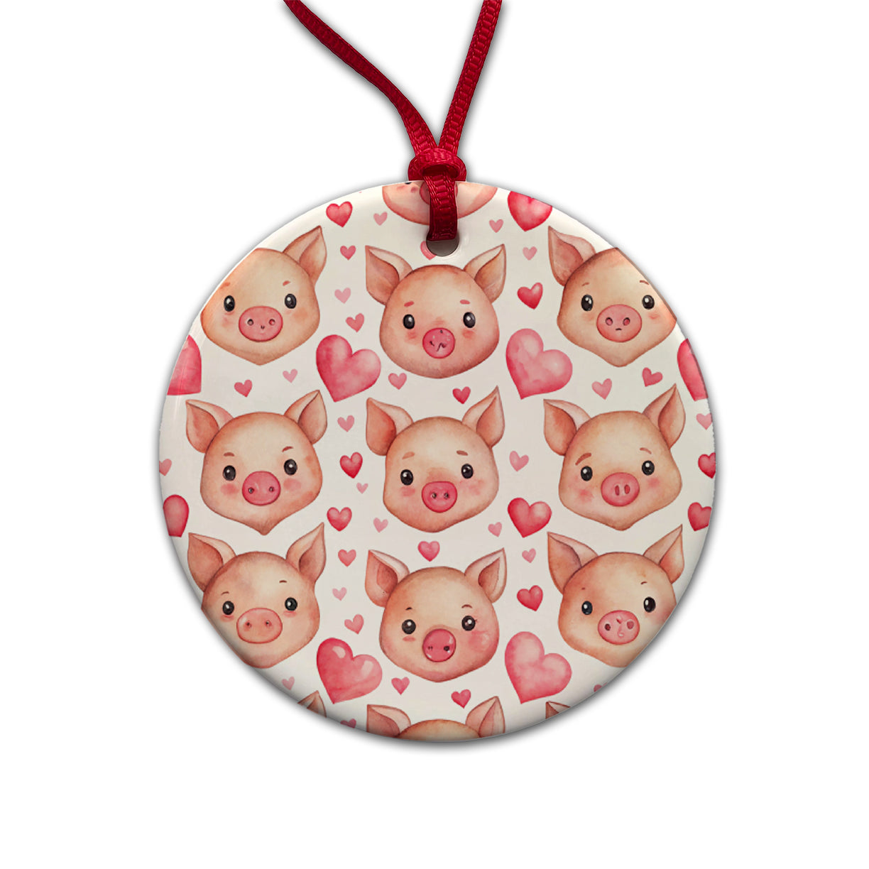 Cute Pig Faces Hearts Watercolor Round Ceramic Holiday Christmas Tree Ornament