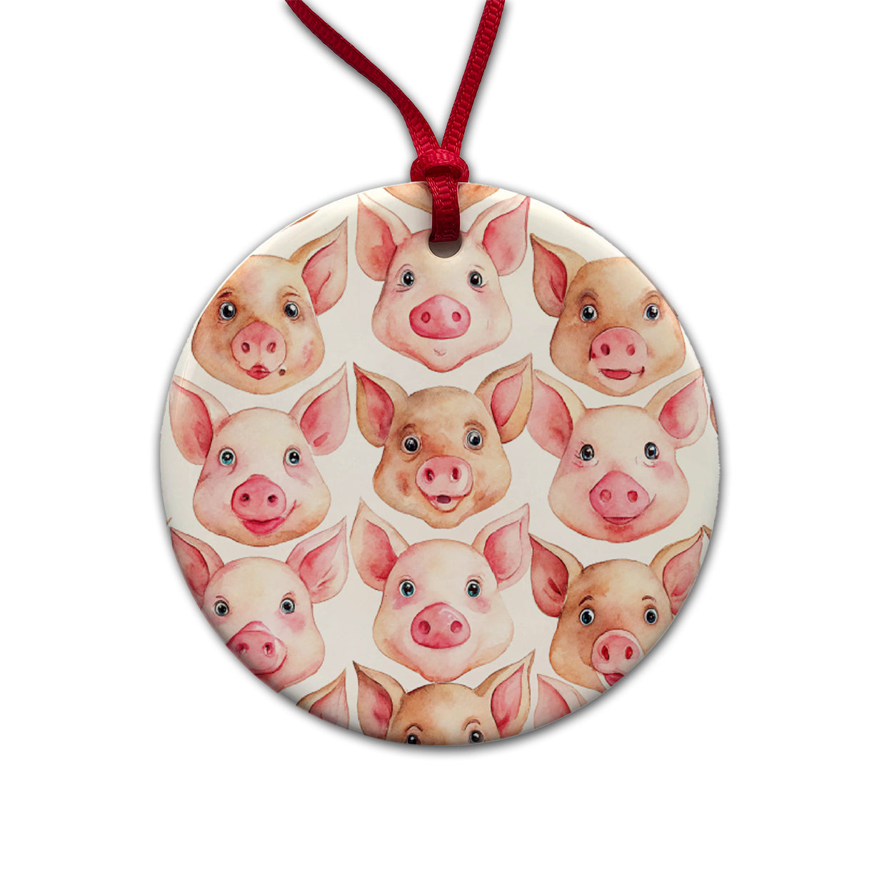 Cute Pig Faces Watercolor Round Ceramic Holiday Christmas Tree Ornament