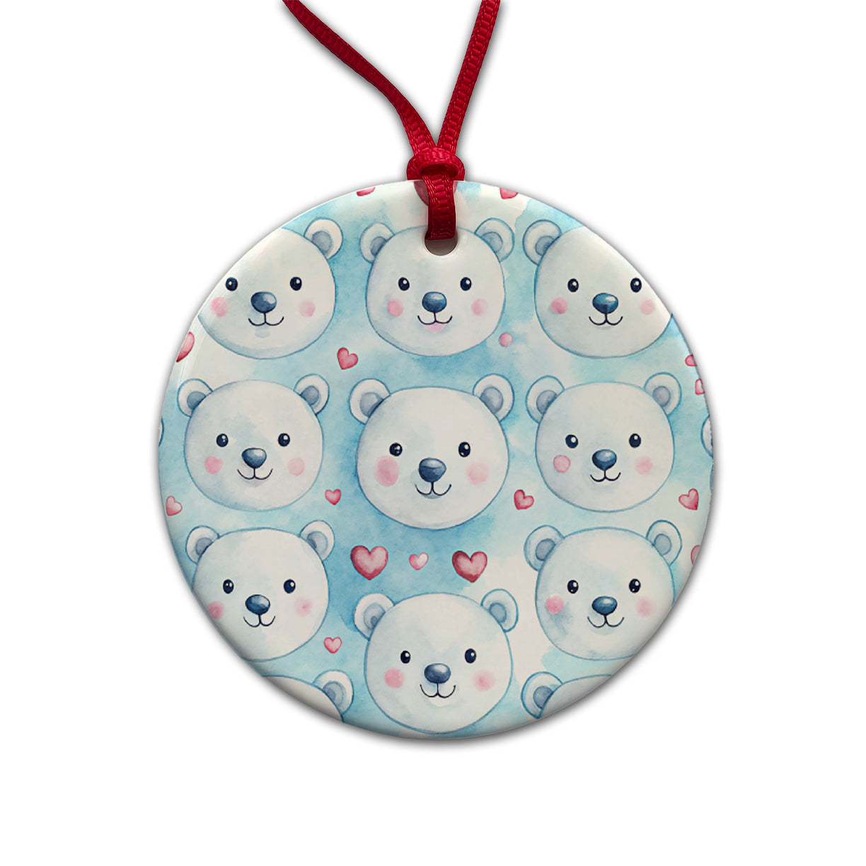 Cute Polar Bear Faces Hearts Round Ceramic Holiday Christmas Tree Ornament