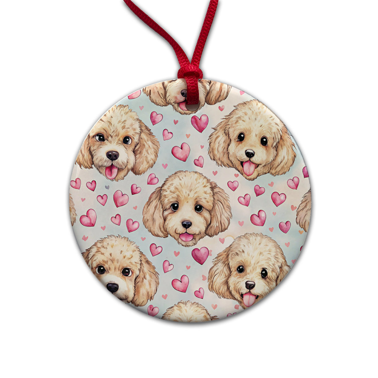 Cute Poodle Dog Faces Hearts Round Ceramic Holiday Christmas Tree Ornament