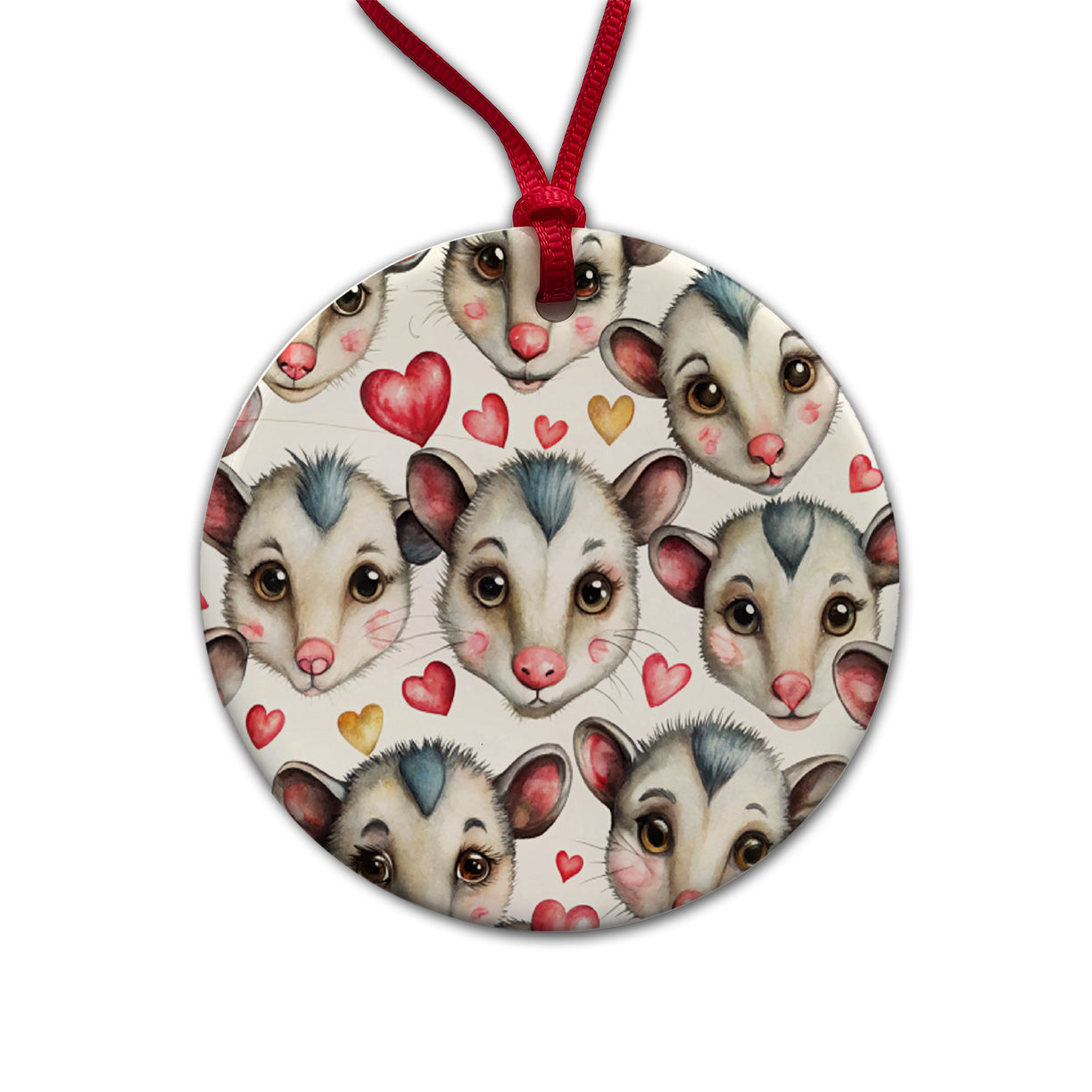 Cute Possum Faces Hearts Watercolor Round Ceramic Holiday Christmas Tree Ornament