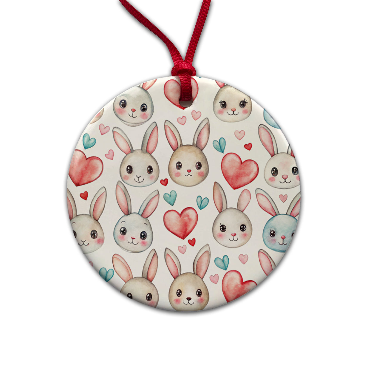 Cute Rabbit Bunny Faces Hearts Easter Round Ceramic Holiday Christmas Tree Ornament