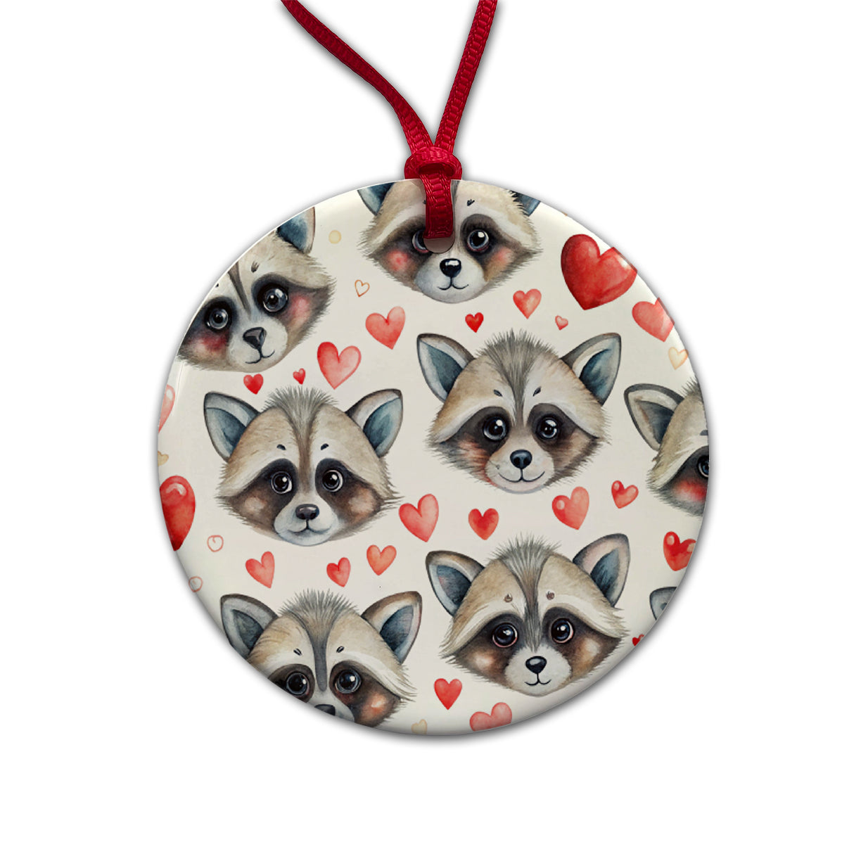Cute Raccoon Faces Hearts Round Ceramic Holiday Christmas Tree Ornament