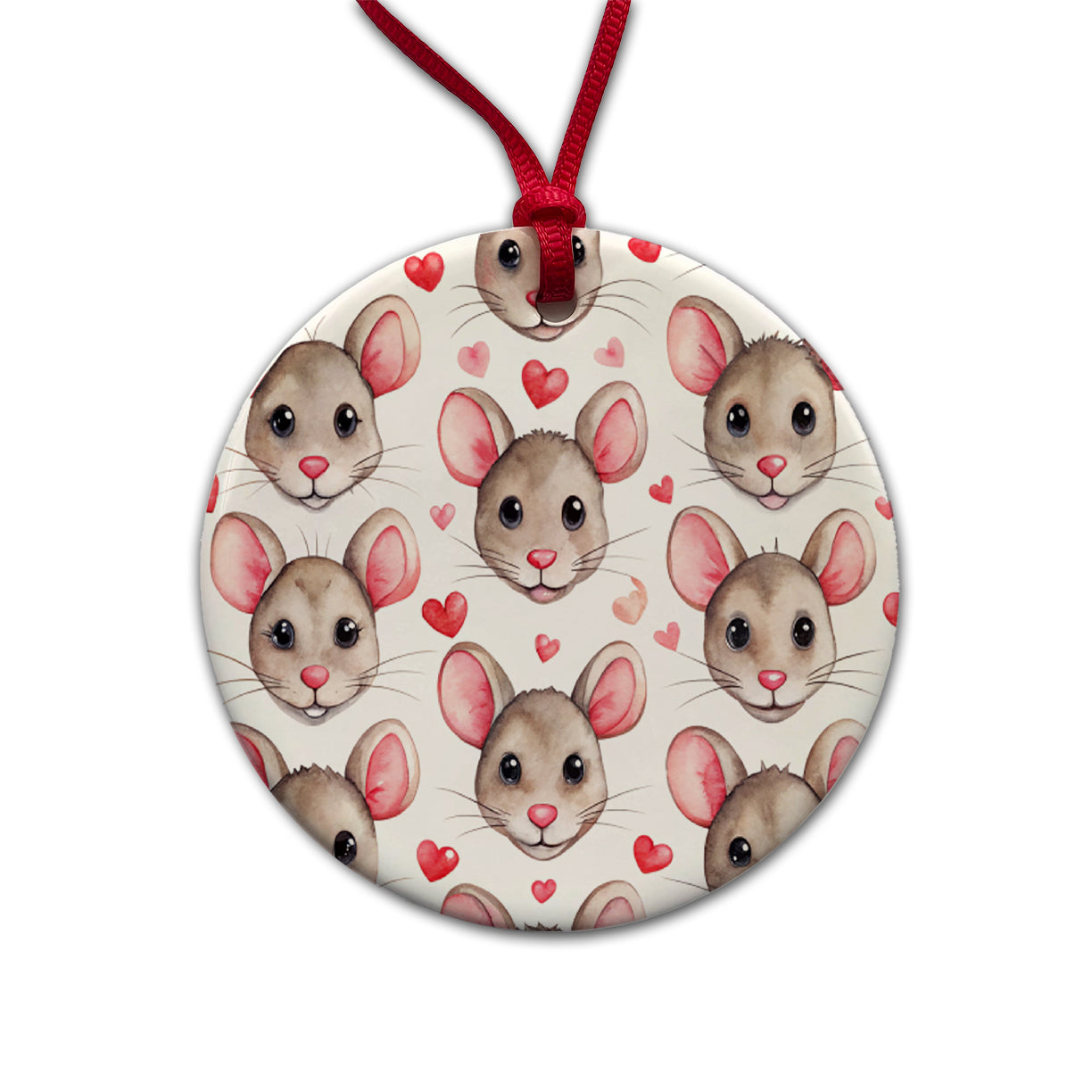 Cute Rat Faces Hearts Watercolor Round Ceramic Holiday Christmas Tree Ornament