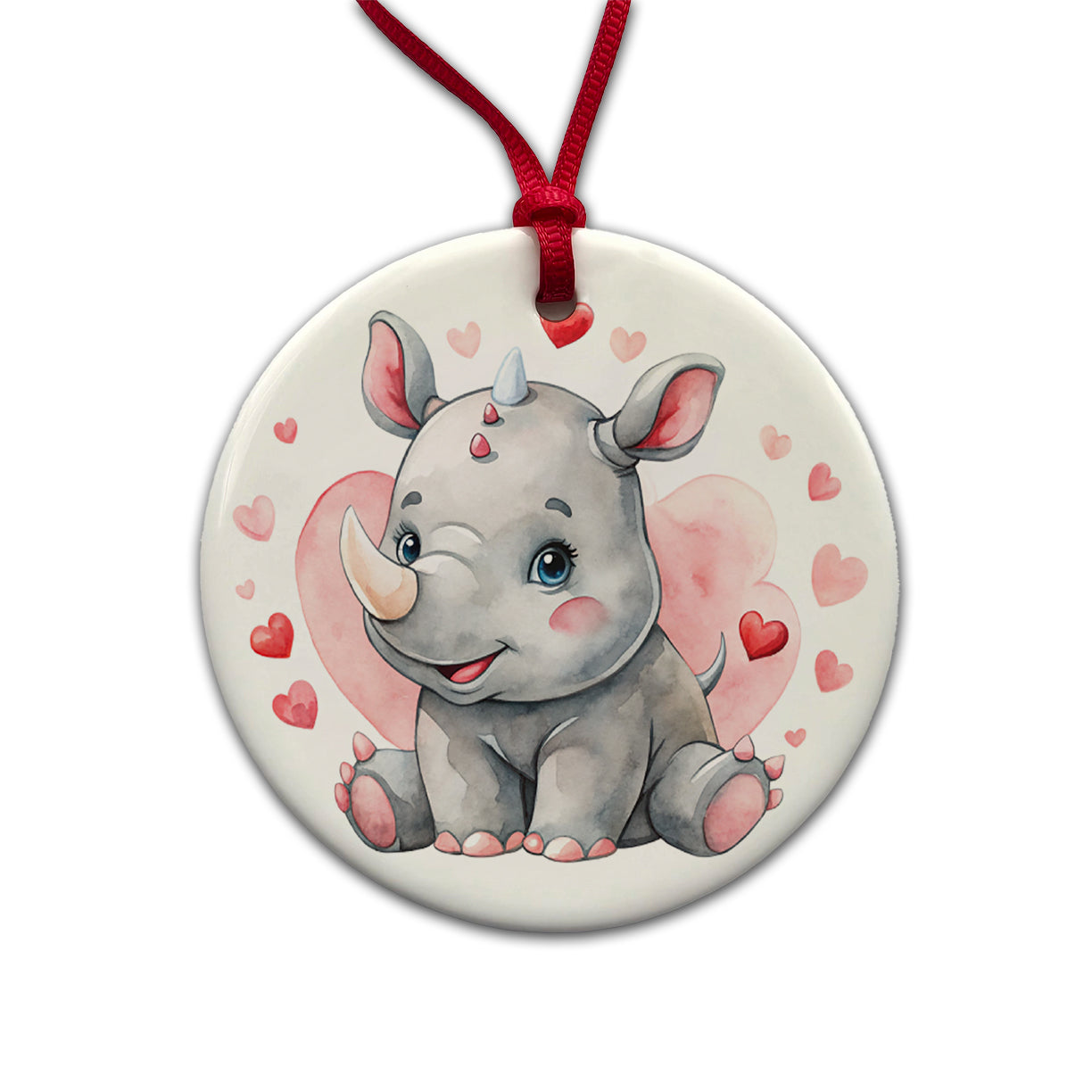 Cute Rhinoceros Hearts Watercolor Round Ceramic Holiday Christmas Tree Ornament
