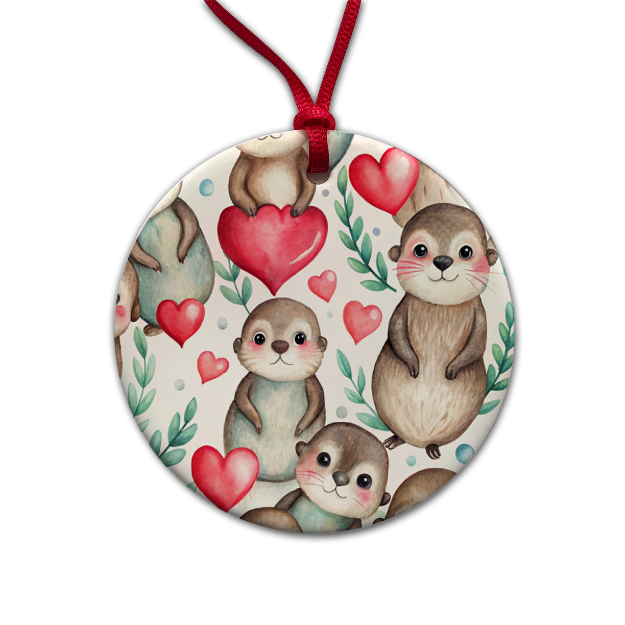 Cute River Otter Hearts Watercolor Round Ceramic Holiday Christmas Tree Ornament