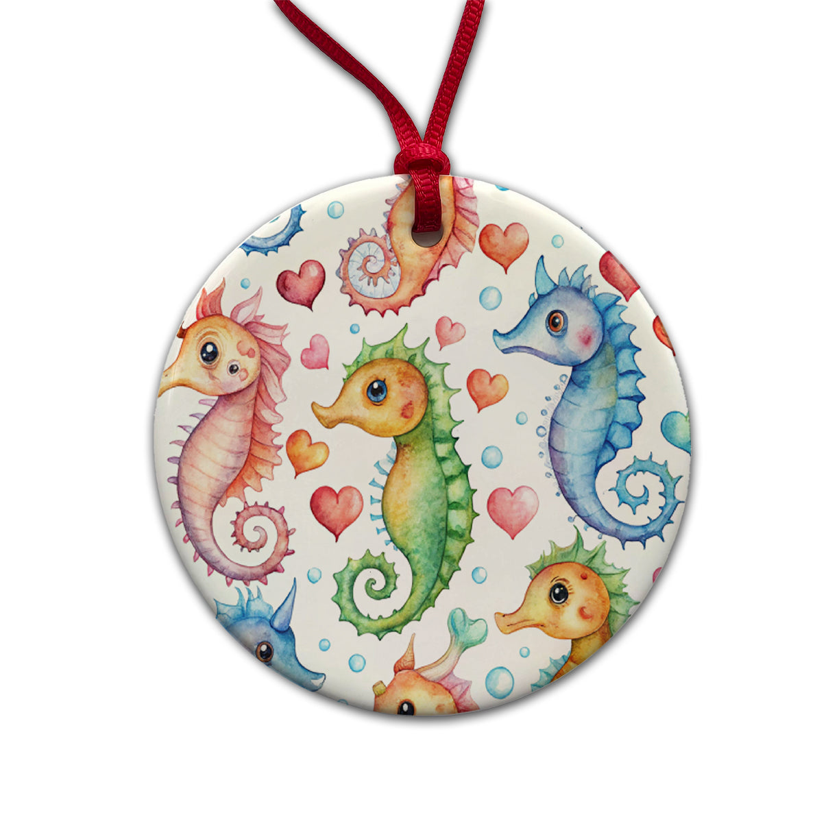 Cute Seahorses Hearts Watercolor Round Ceramic Holiday Christmas Tree Ornament