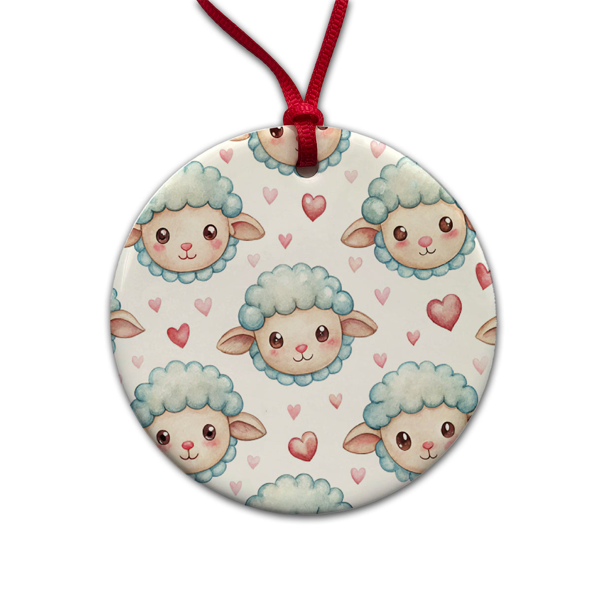 Cute Sheep Faces Hearts Watercolor Round Ceramic Holiday Christmas Tree Ornament