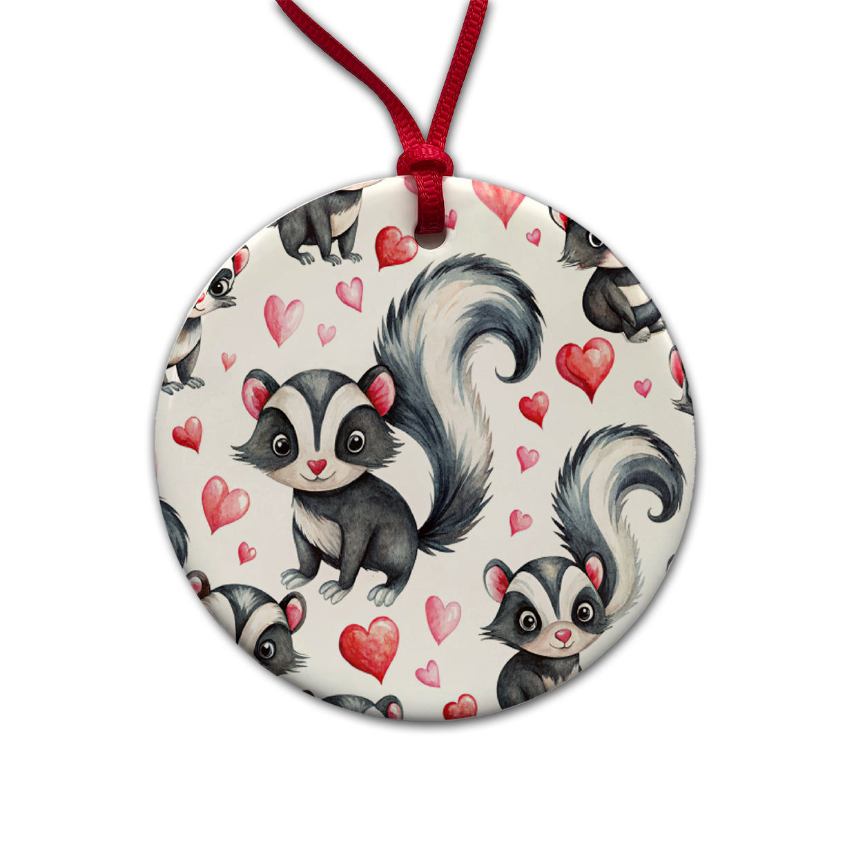 Cute Skunks Hearts Watercolor Round Ceramic Holiday Christmas Tree Ornament