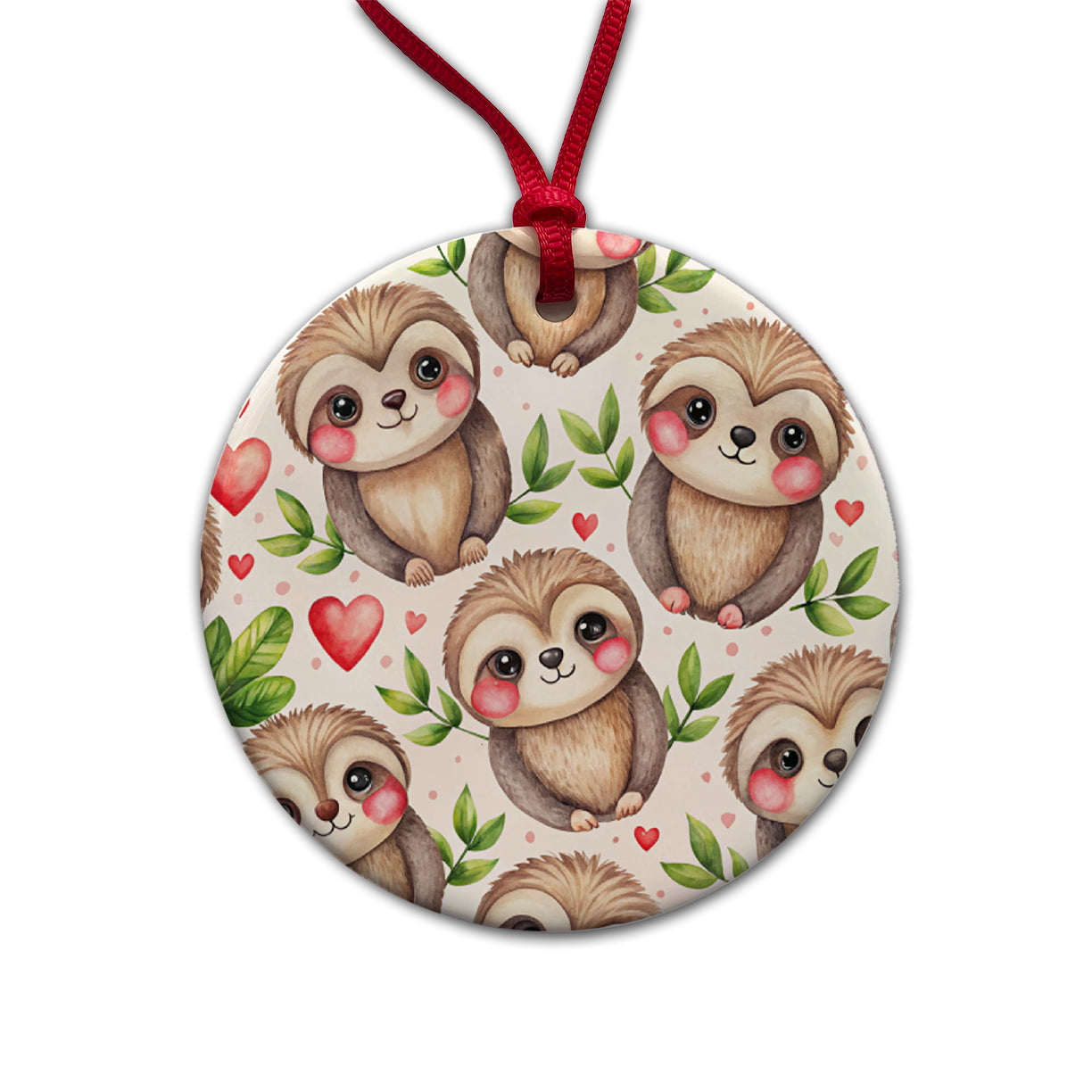 Cute Sloths Hearts Watercolor Round Ceramic Holiday Christmas Tree Ornament