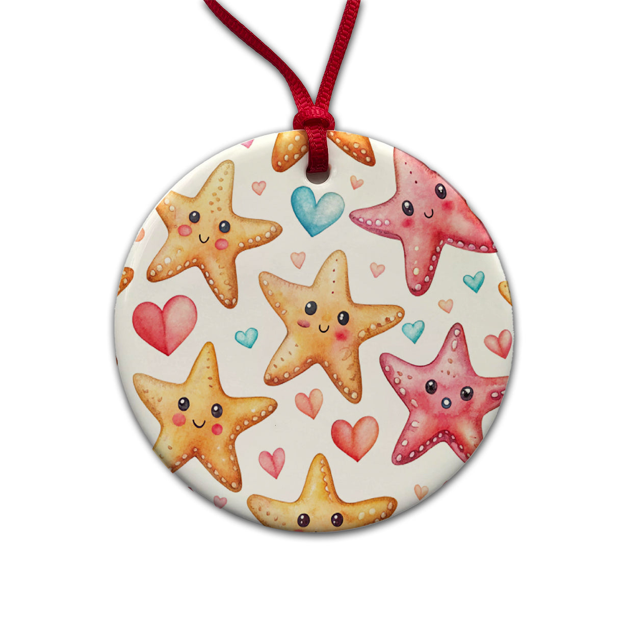 Cute Starfish Hearts Watercolor Round Ceramic Holiday Christmas Tree Ornament
