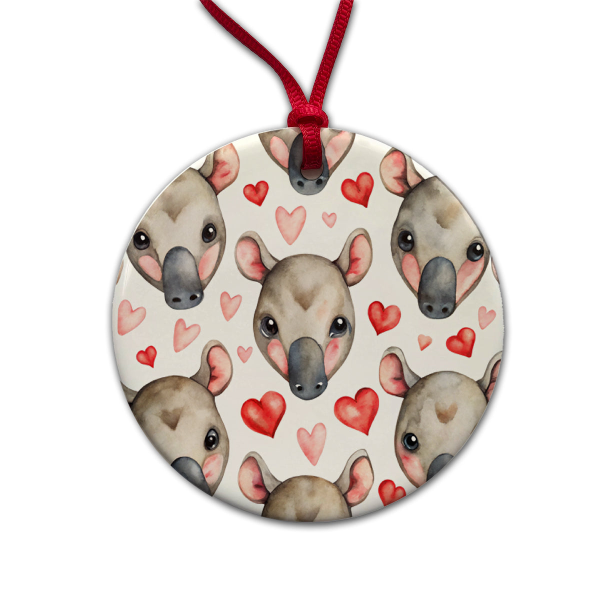 Cute Tapir Faces Hearts Watercolor Round Ceramic Holiday Christmas Tree Ornament
