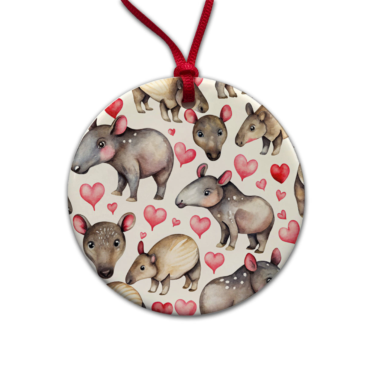 Cute Tapirs Hearts Watercolor Round Ceramic Holiday Christmas Tree Ornament
