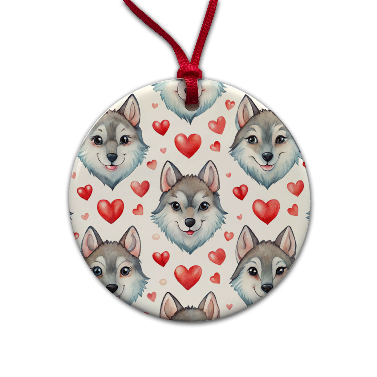 Cute Wolf Faces Hearts Watercolor Round Ceramic Holiday Christmas Tree Ornament